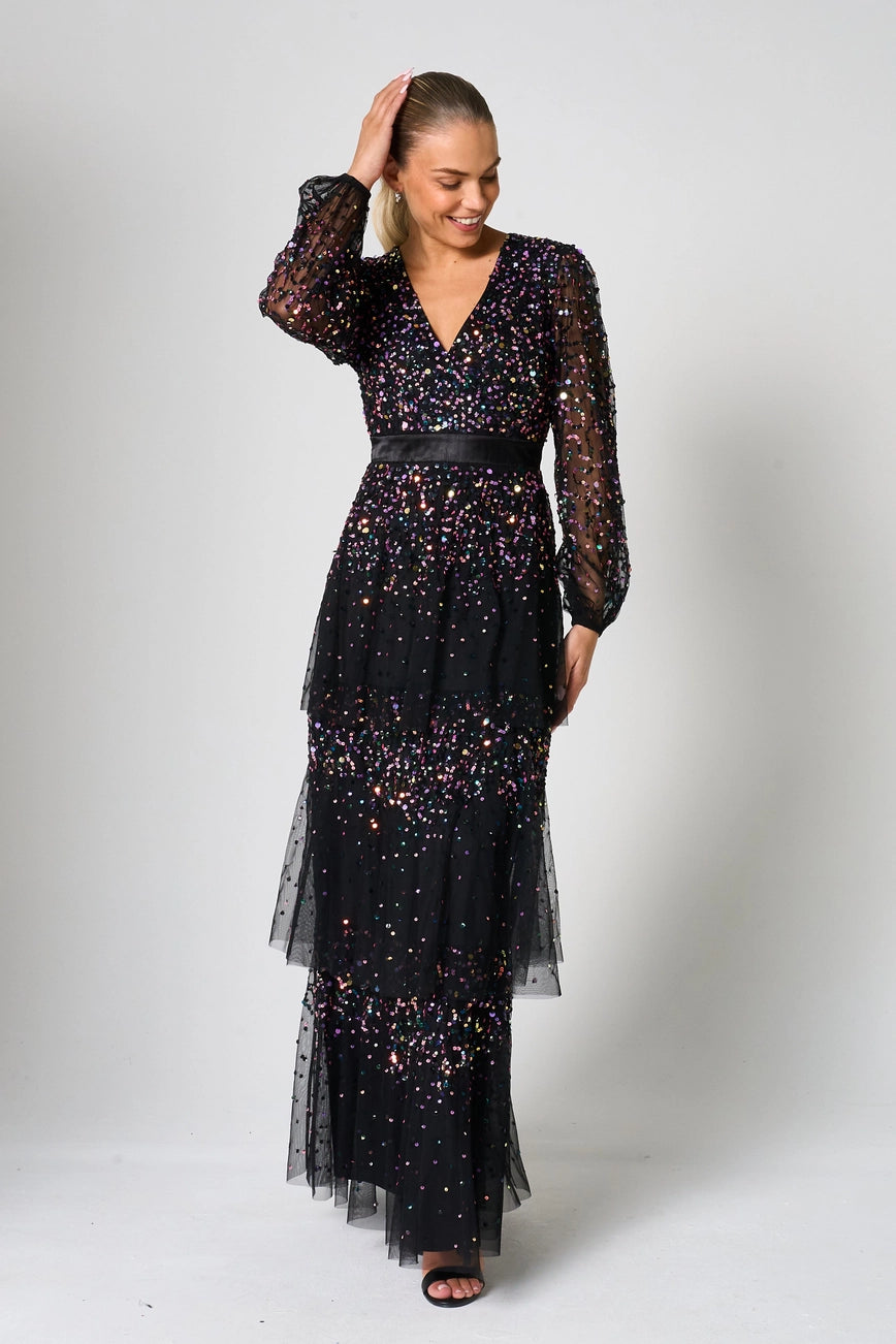 Frock & Frill Iris  Black Iridescent Sequin Layered Maxi Dress