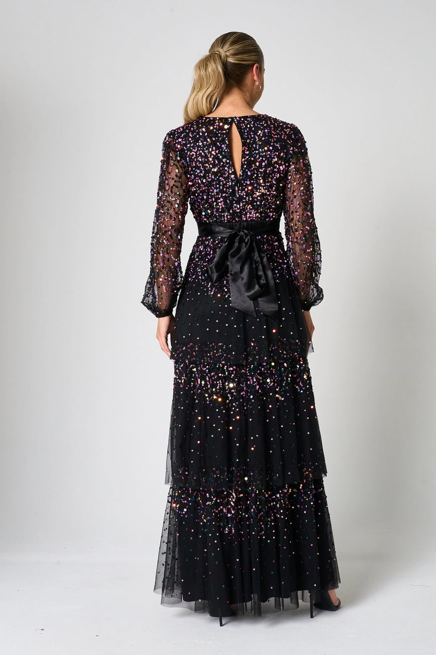 Frock & Frill Iris  Black Iridescent Sequin Layered Maxi Dress
