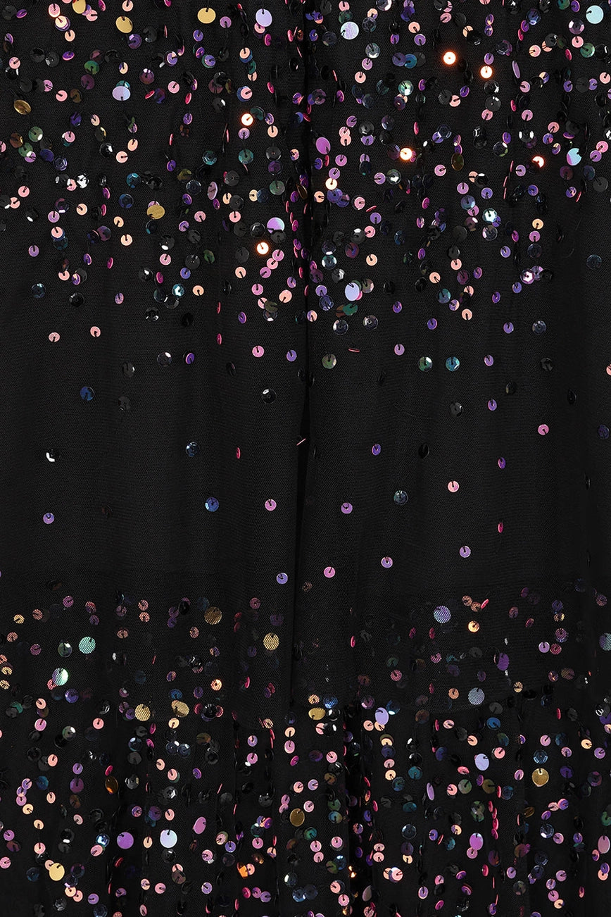 Frock & Frill Iris  Black Iridescent Sequin Layered Maxi Dress