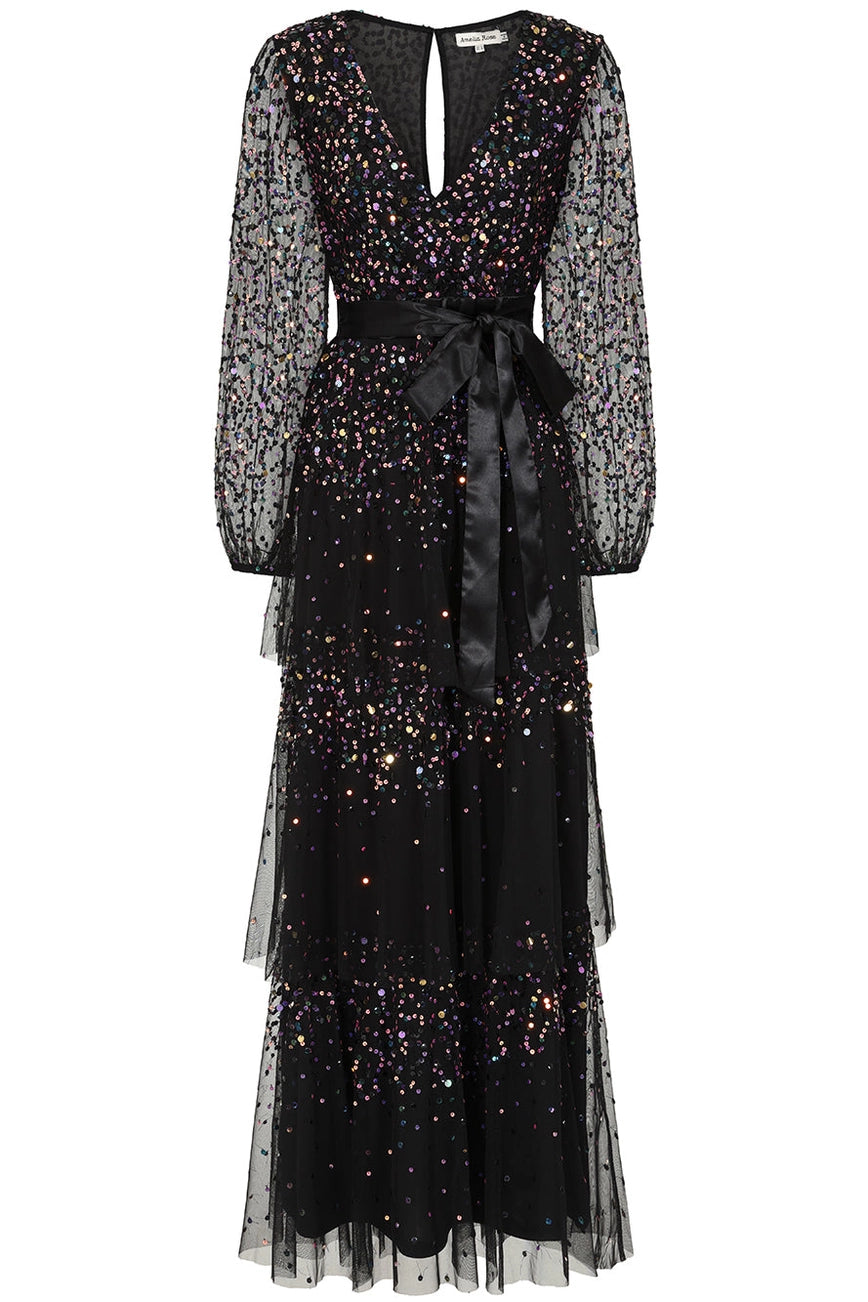 Frock & Frill Iris  Black Iridescent Sequin Layered Maxi Dress