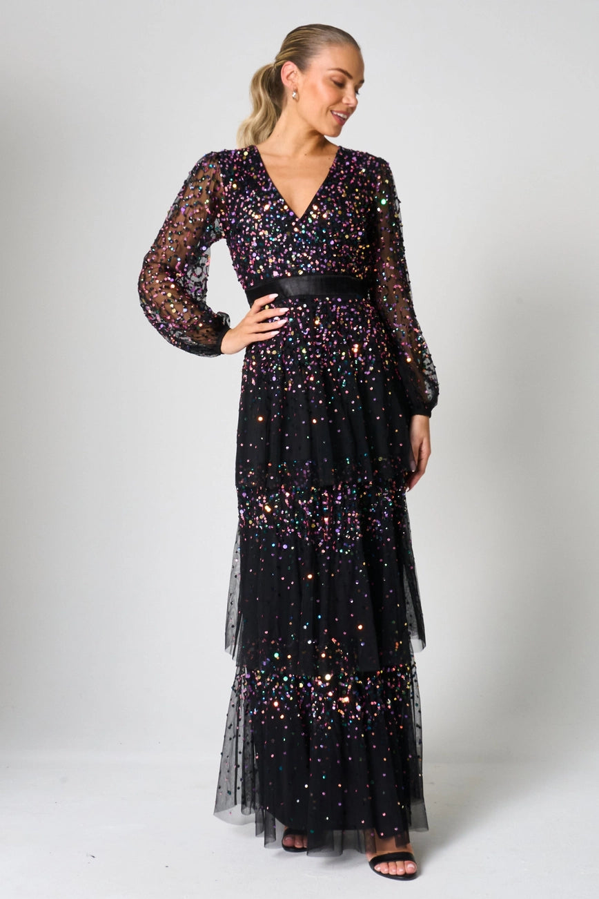 Frock & Frill Iris  Black Iridescent Sequin Layered Maxi Dress
