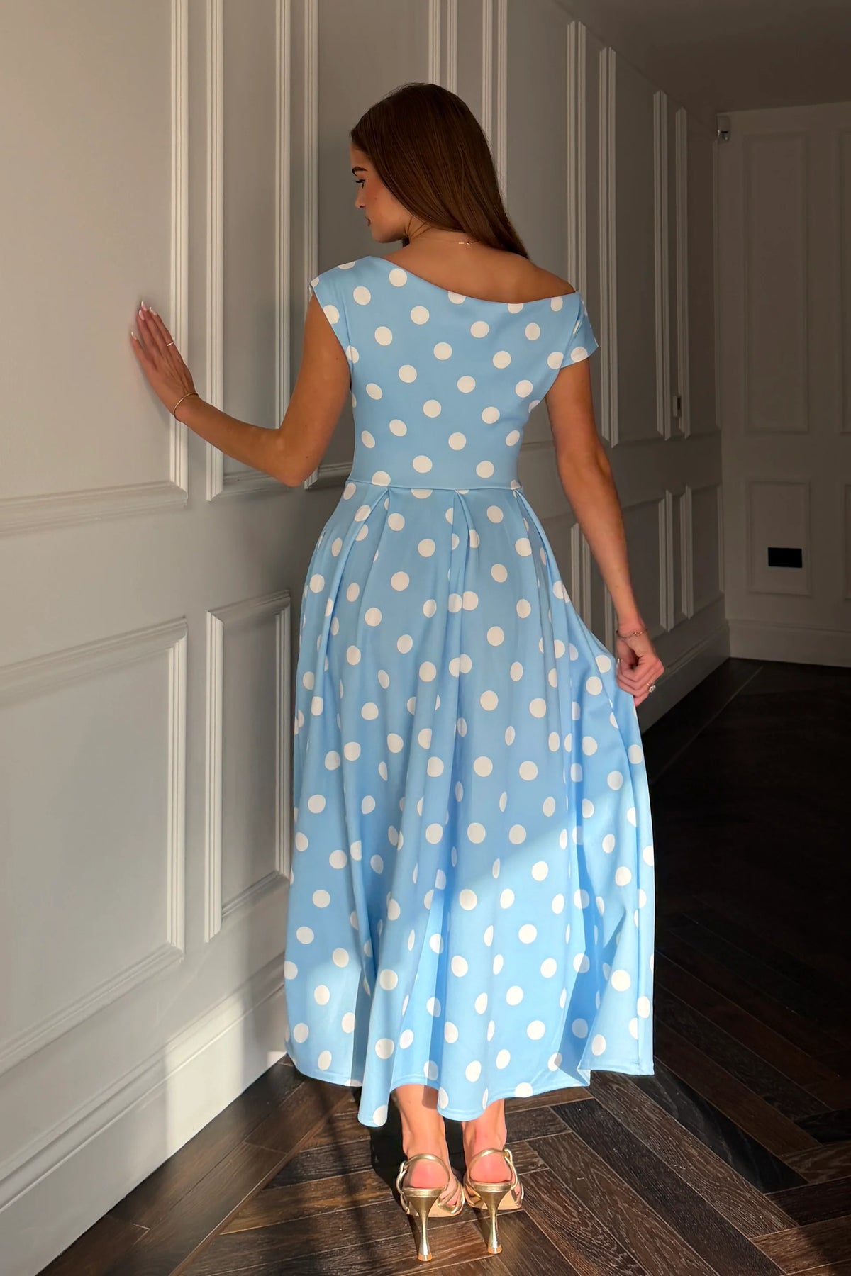 Girl In Mind Betty Asymmetric Blue Polka Dot Midi Dress