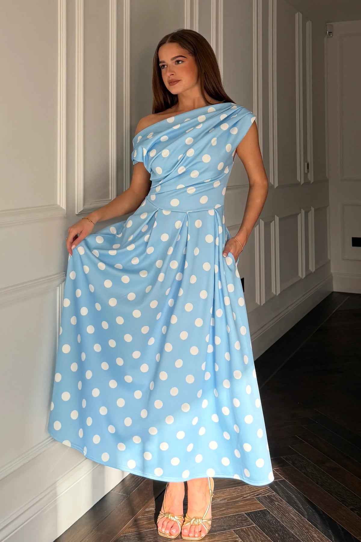 Girl In Mind Betty Asymmetric Blue Polka Dot Midi Dress