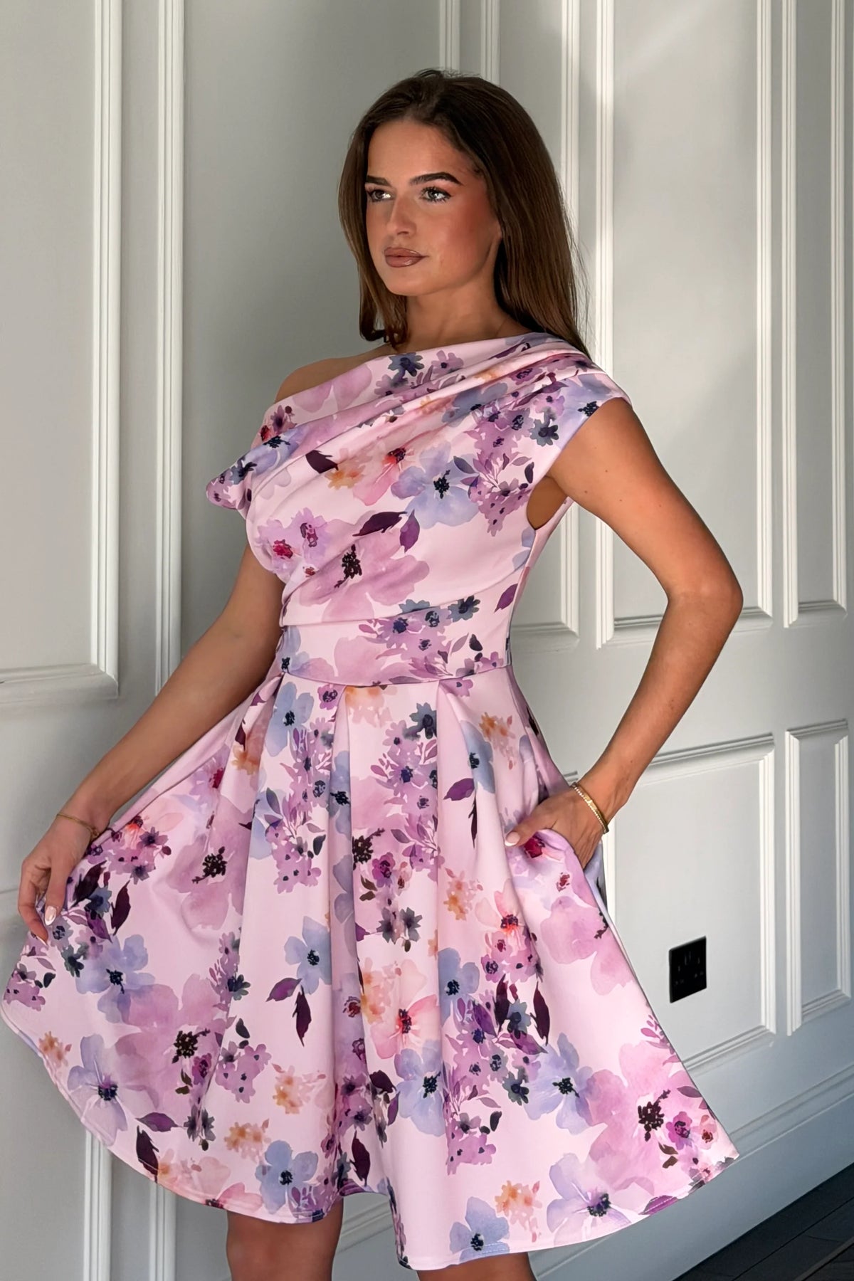 Girl In Mind Betty Asymmetric Lilac Floral Skater Mini Dress