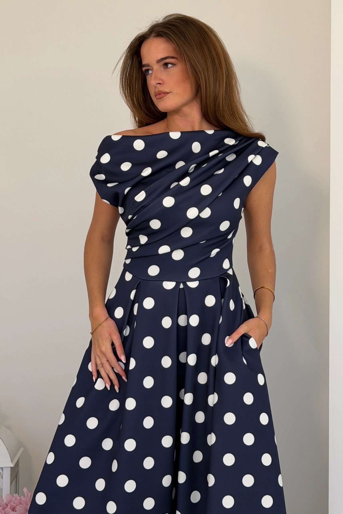 Girl In Mind Betty Asymmetric Navy Blue Polka Dot Midi Dress