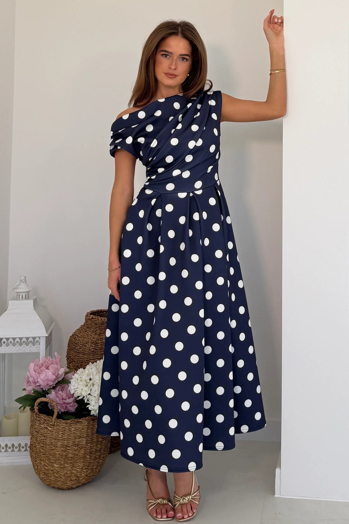 Girl In Mind Betty Asymmetric Navy Blue Polka Dot Midi Dress