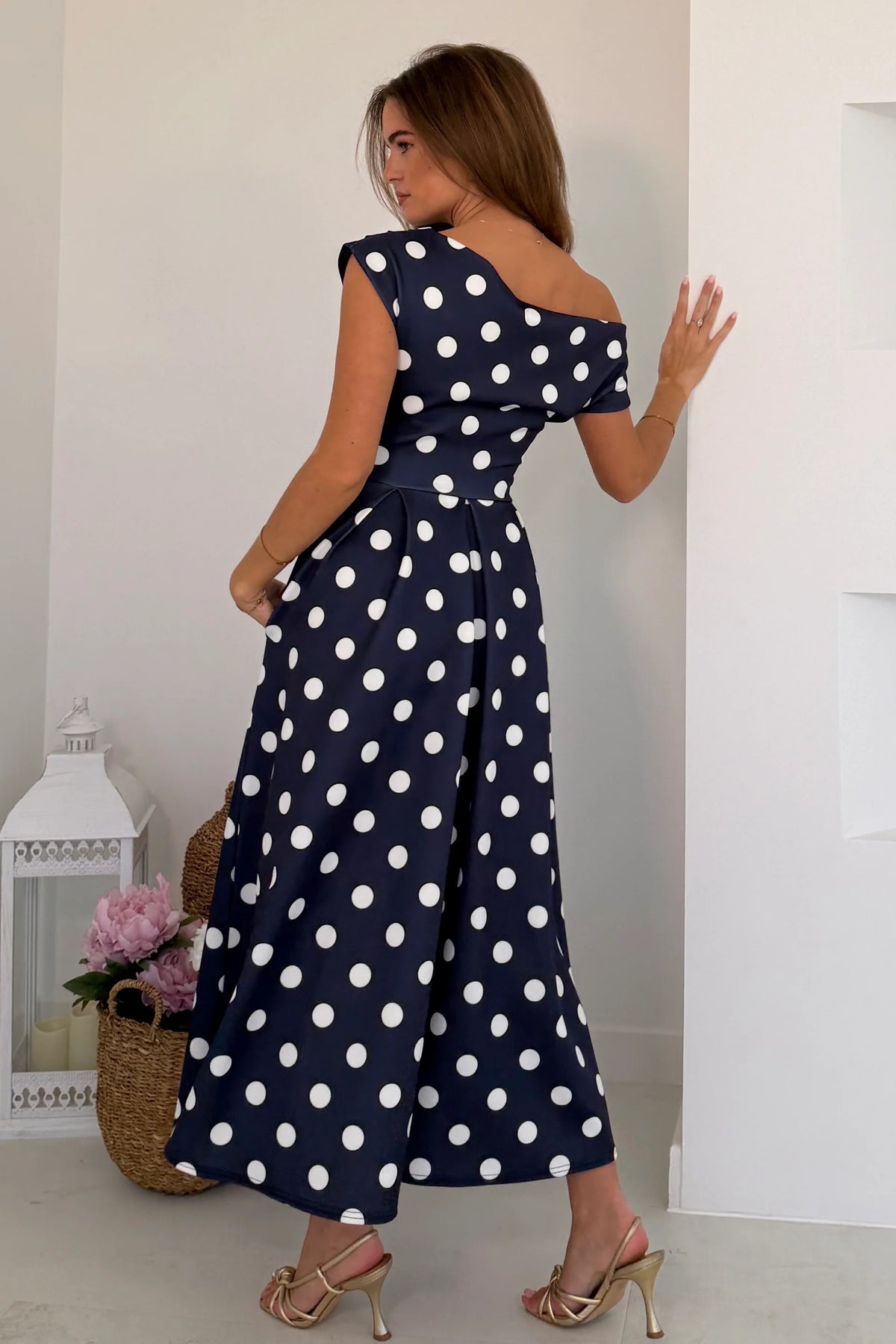 Girl In Mind Betty Asymmetric Navy Blue Polka Dot Midi Dress