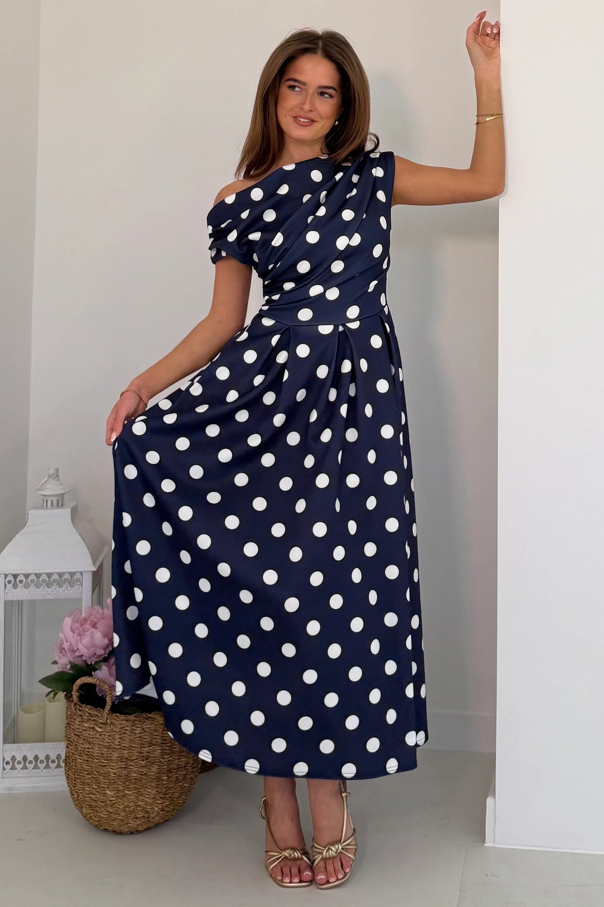 Girl In Mind Betty Asymmetric Navy Blue Polka Dot Midi Dress