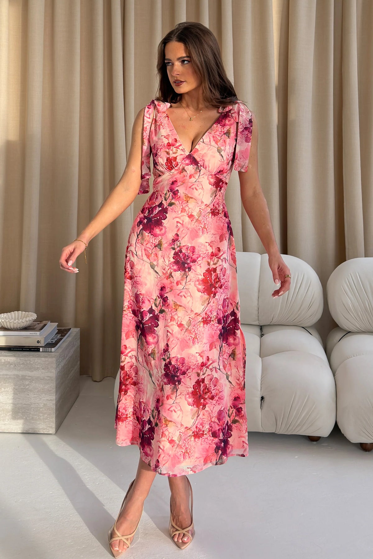 Girl In Mind Beverly Pink Floral Tie Shoulder Midi Dress