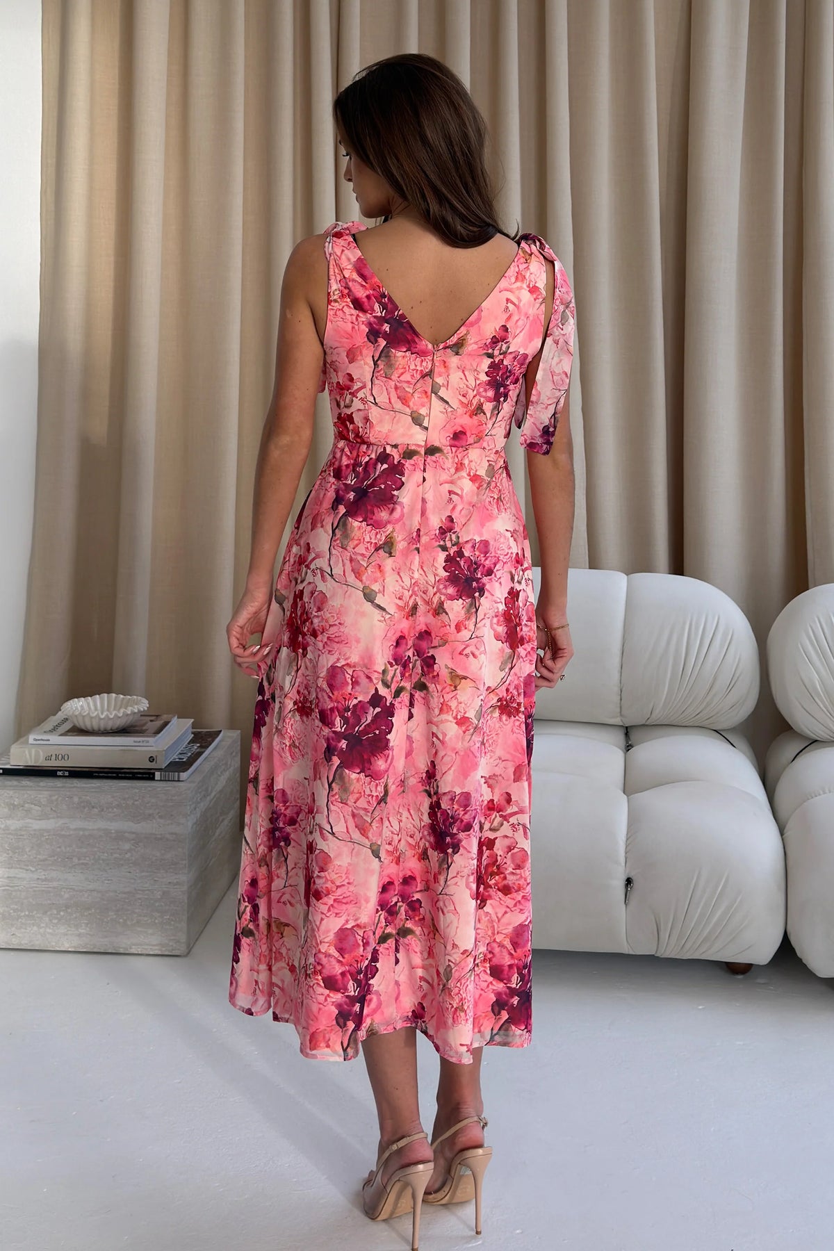 Girl In Mind Beverly Pink Floral Tie Shoulder Midi Dress