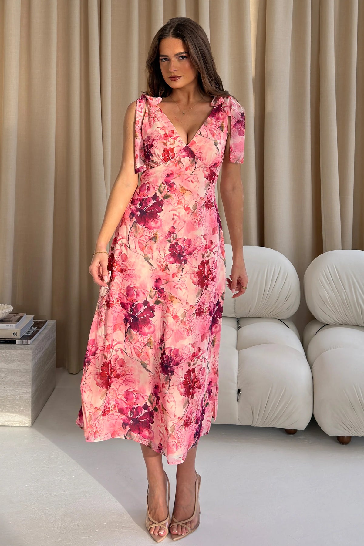 Girl In Mind Beverly Pink Floral Tie Shoulder Midi Dress