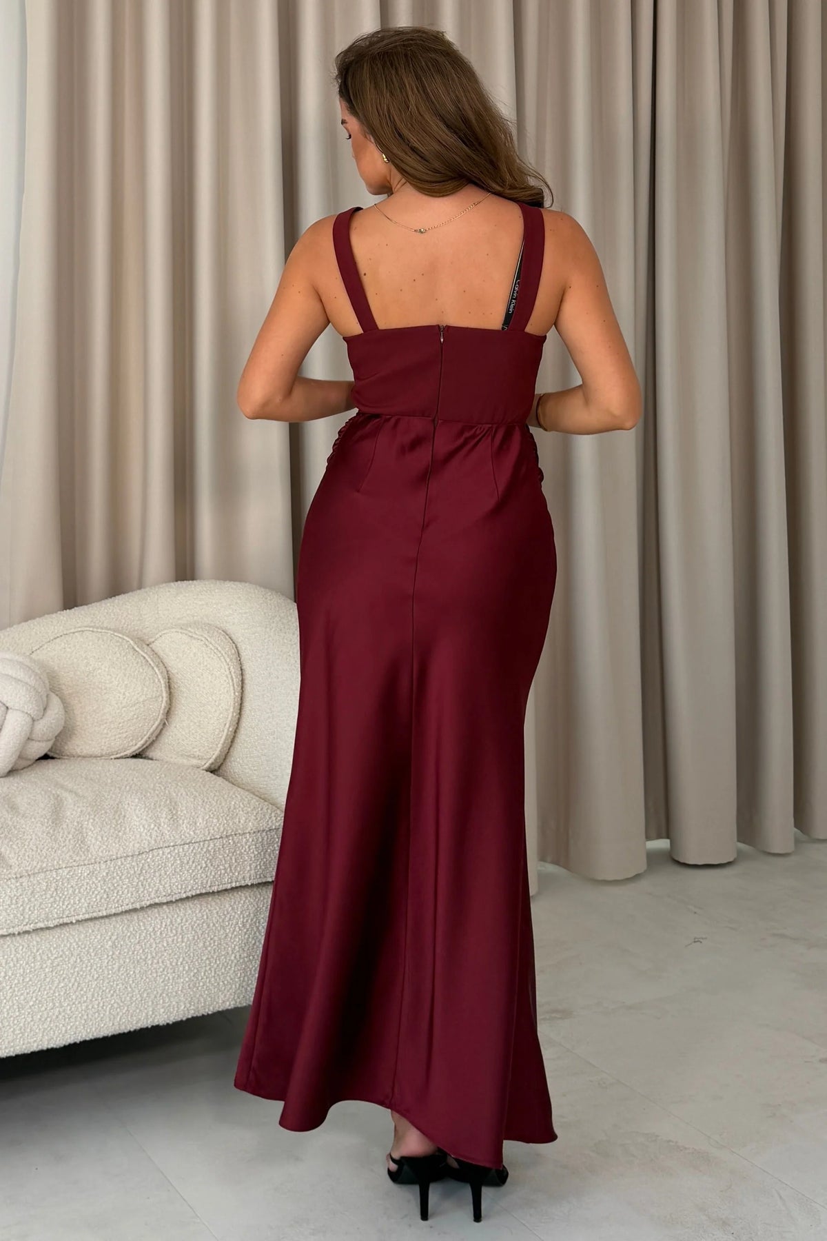 Girl In Mind Justine Ruched Panel Design Wine Midi Dress