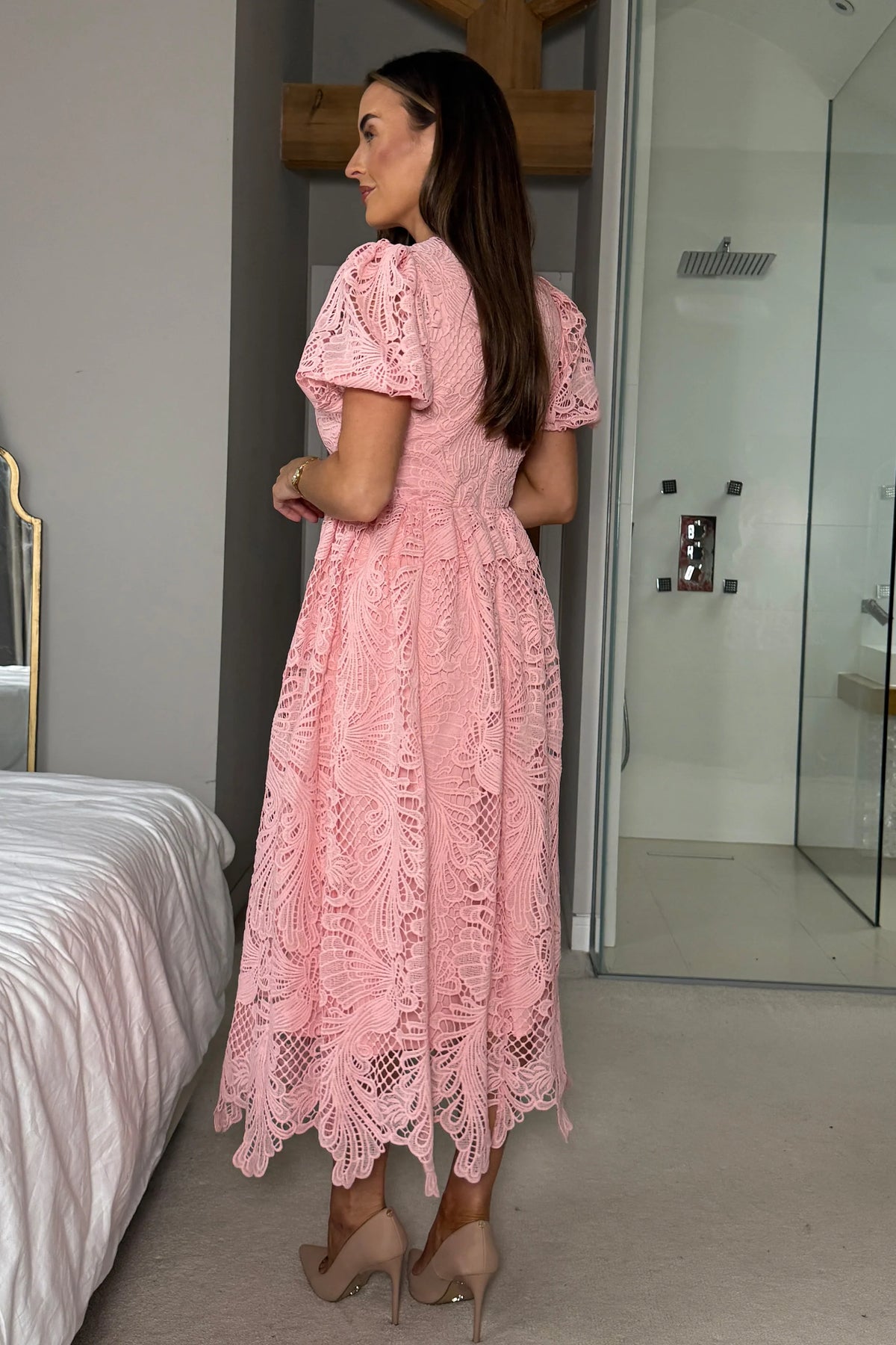 Girl In Mind Marquerite Pink Lace Midi Dress