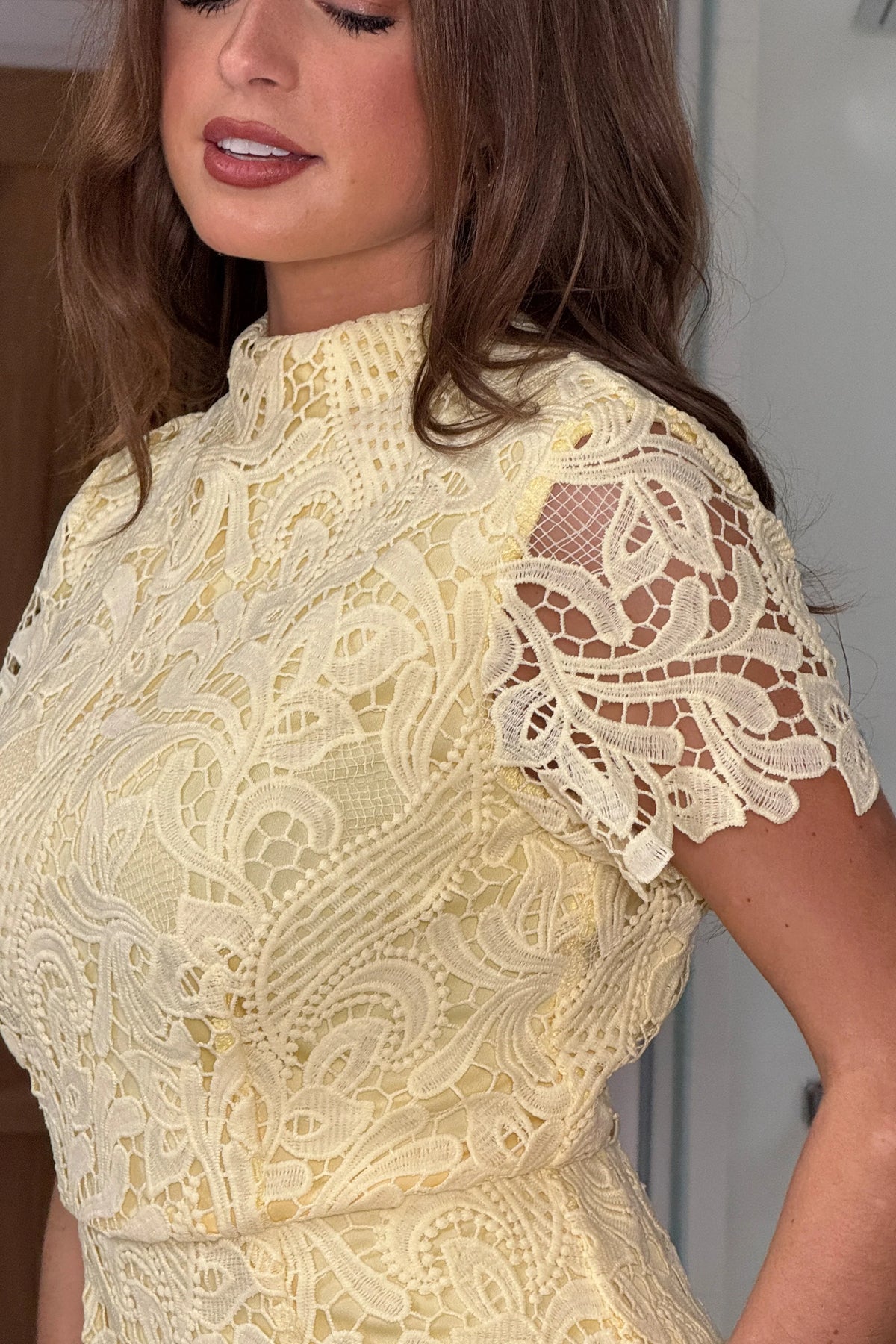 Girl In Mind Maryam High Neck Lace Yellow Mini Dress