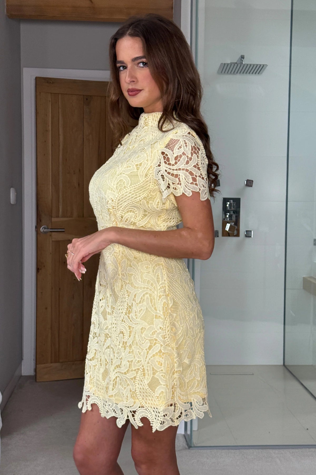Girl In Mind Maryam High Neck Lace Yellow Mini Dress