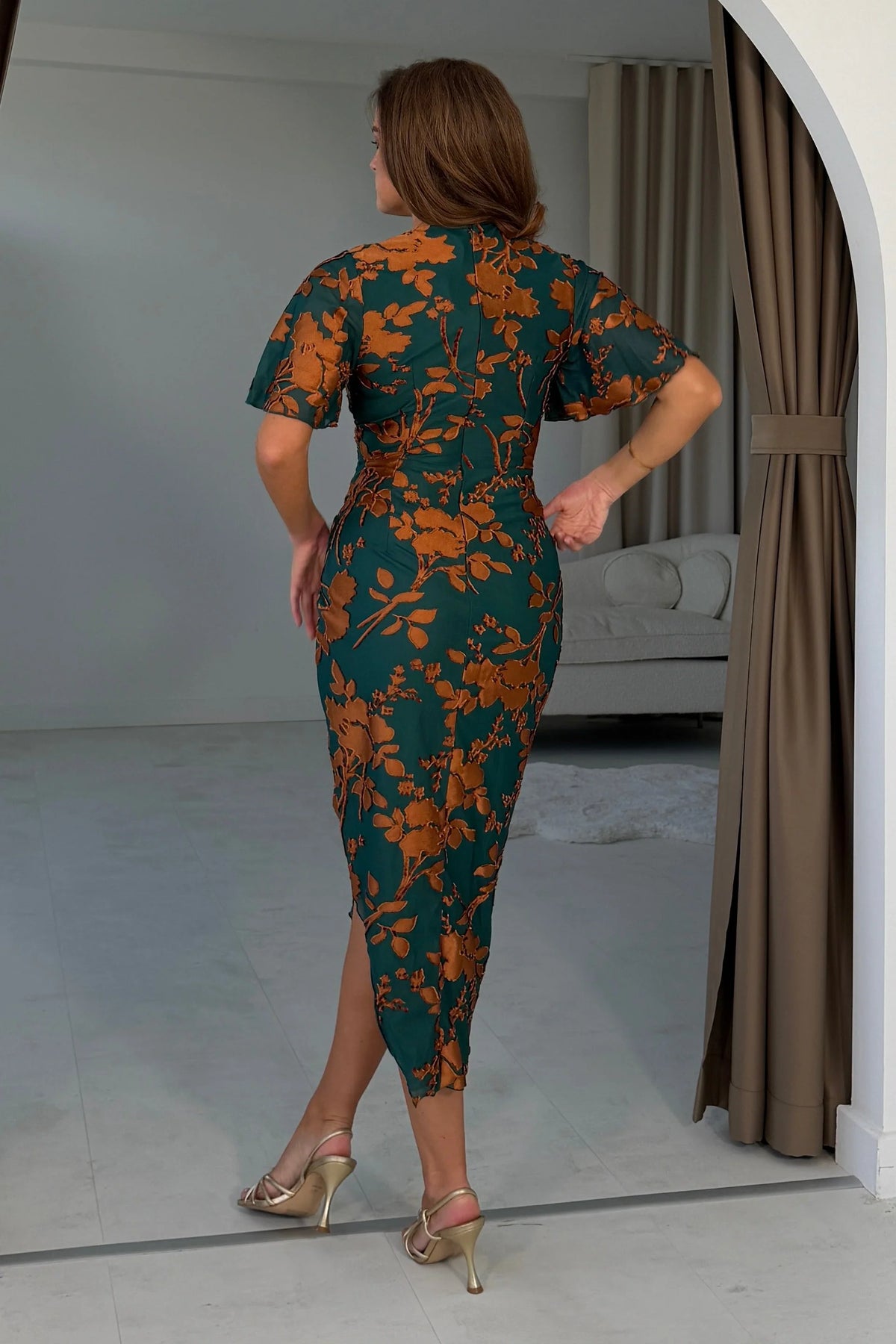 Girl In Mind Natasha Angel Sleeve Emerald Floral Wrap Midi Dress