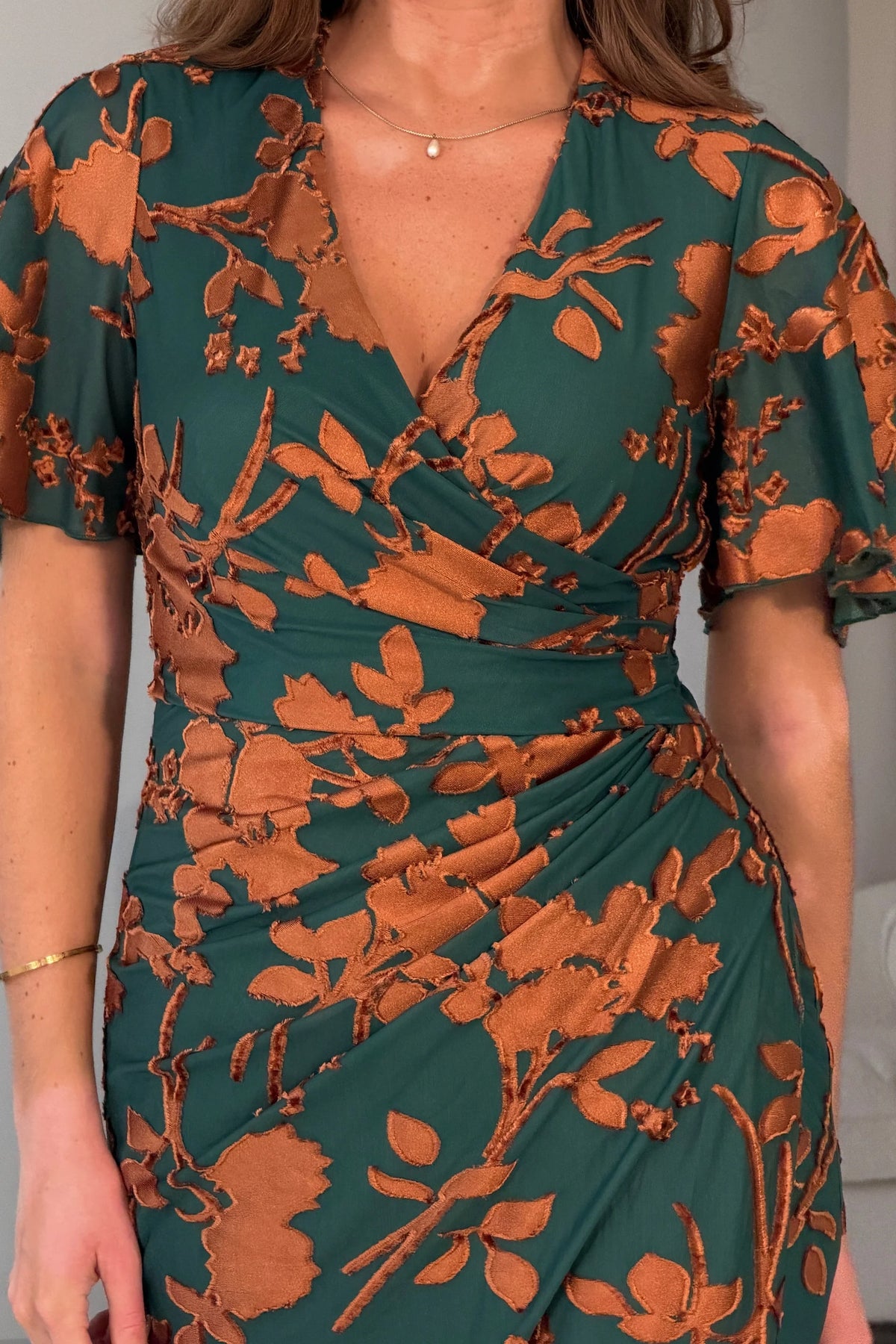 Girl In Mind Natasha Angel Sleeve Emerald Floral Wrap Midi Dress