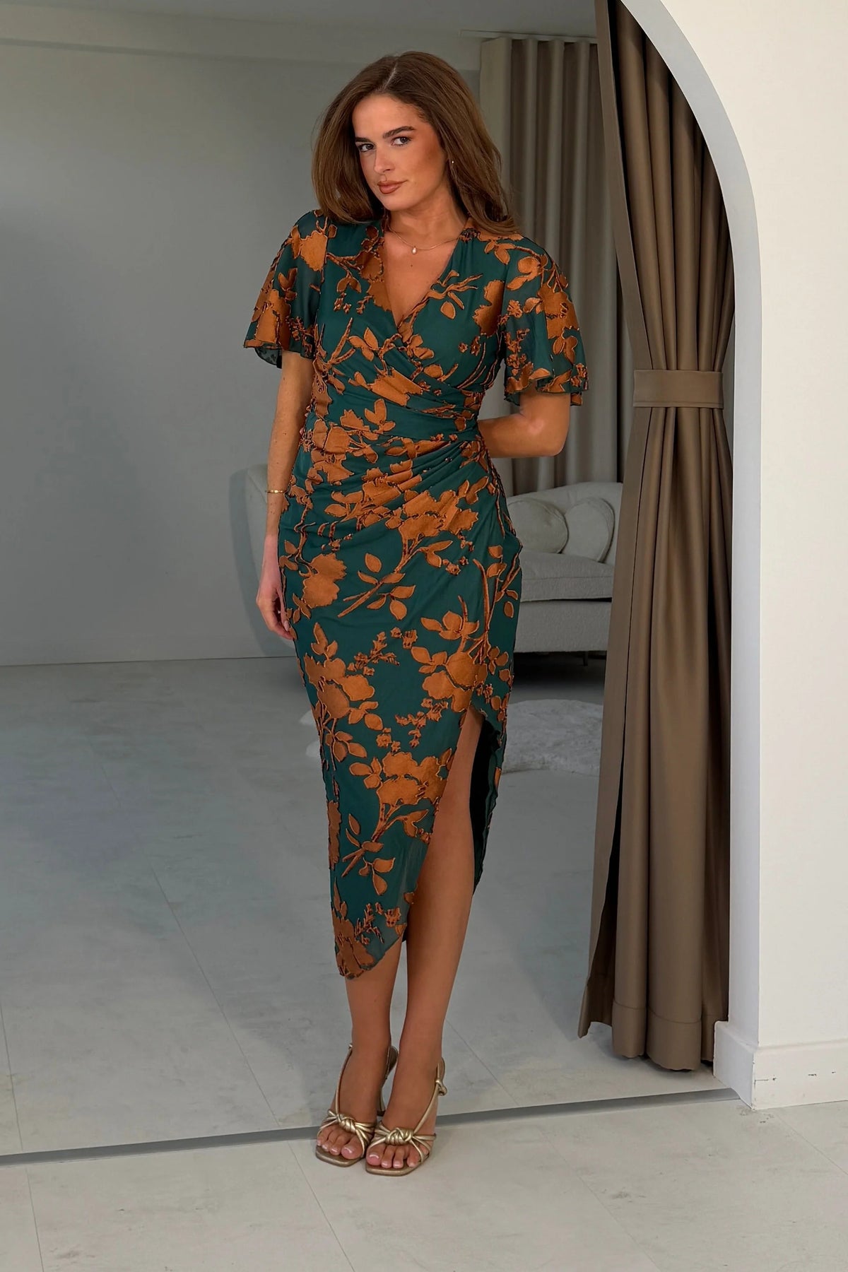 Girl In Mind Natasha Angel Sleeve Emerald Floral Wrap Midi Dress