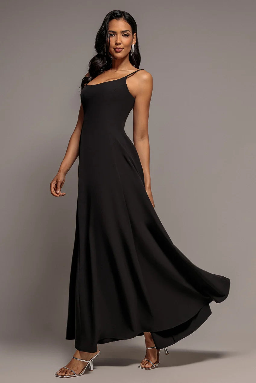 Goddiva Strappy Scoop Neck Black A Line Maxi Dress