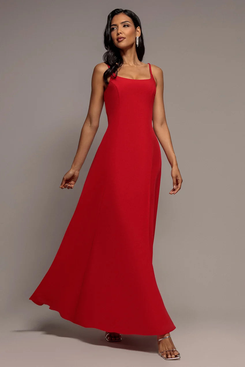 Goddiva Strappy Scoop Neck Red A Line Maxi Dress