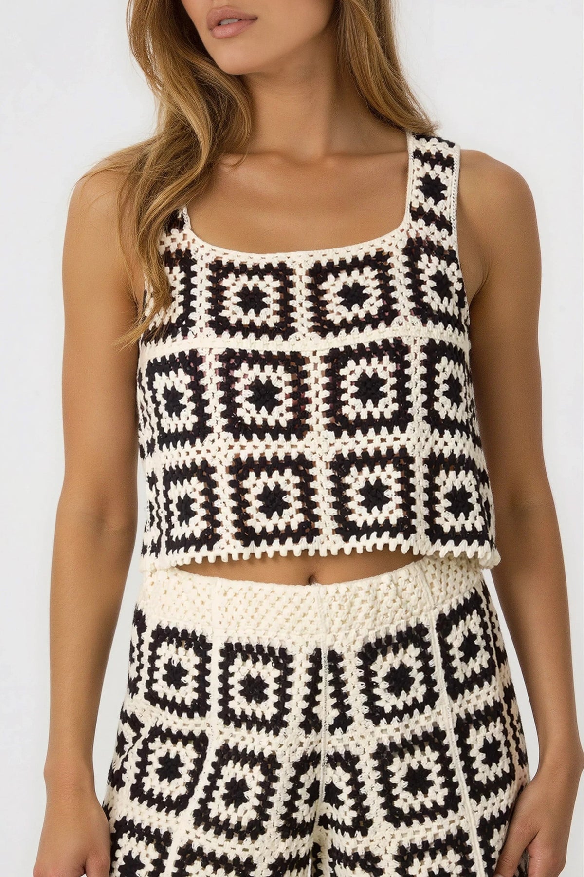 Aftershock London Black and Cream Crochet Top and Shorts Set