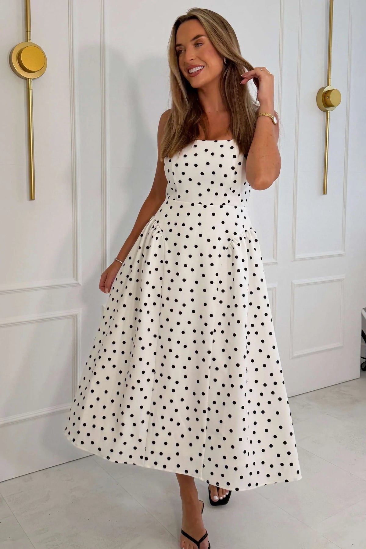 Girl In Mind Sharne White Polka Dot Square Neck Midi Dress