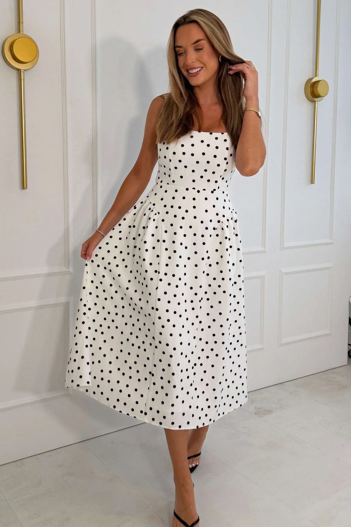 Girl In Mind Sharne White Polka Dot Square Neck Midi Dress