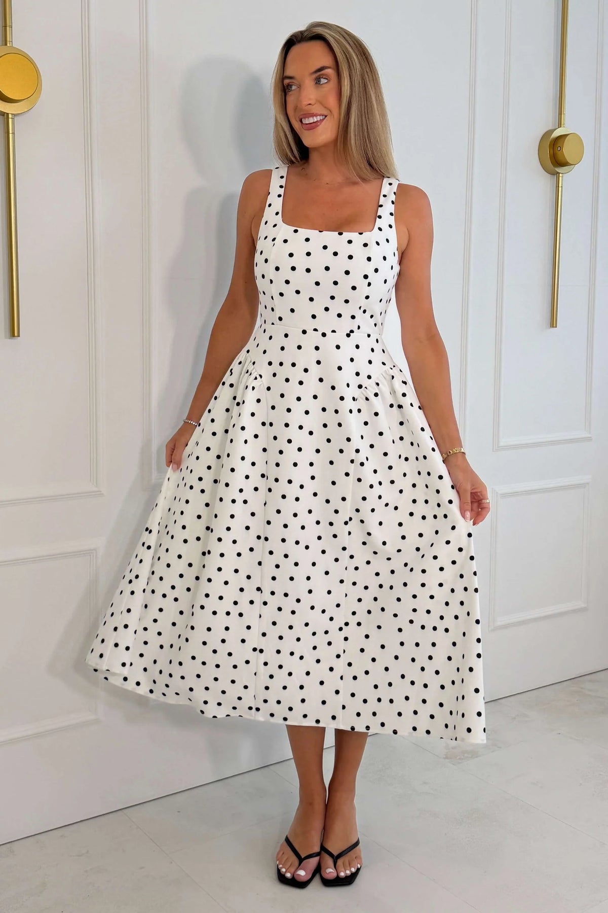Girl In Mind Sharne White Polka Dot Square Neck Midi Dress