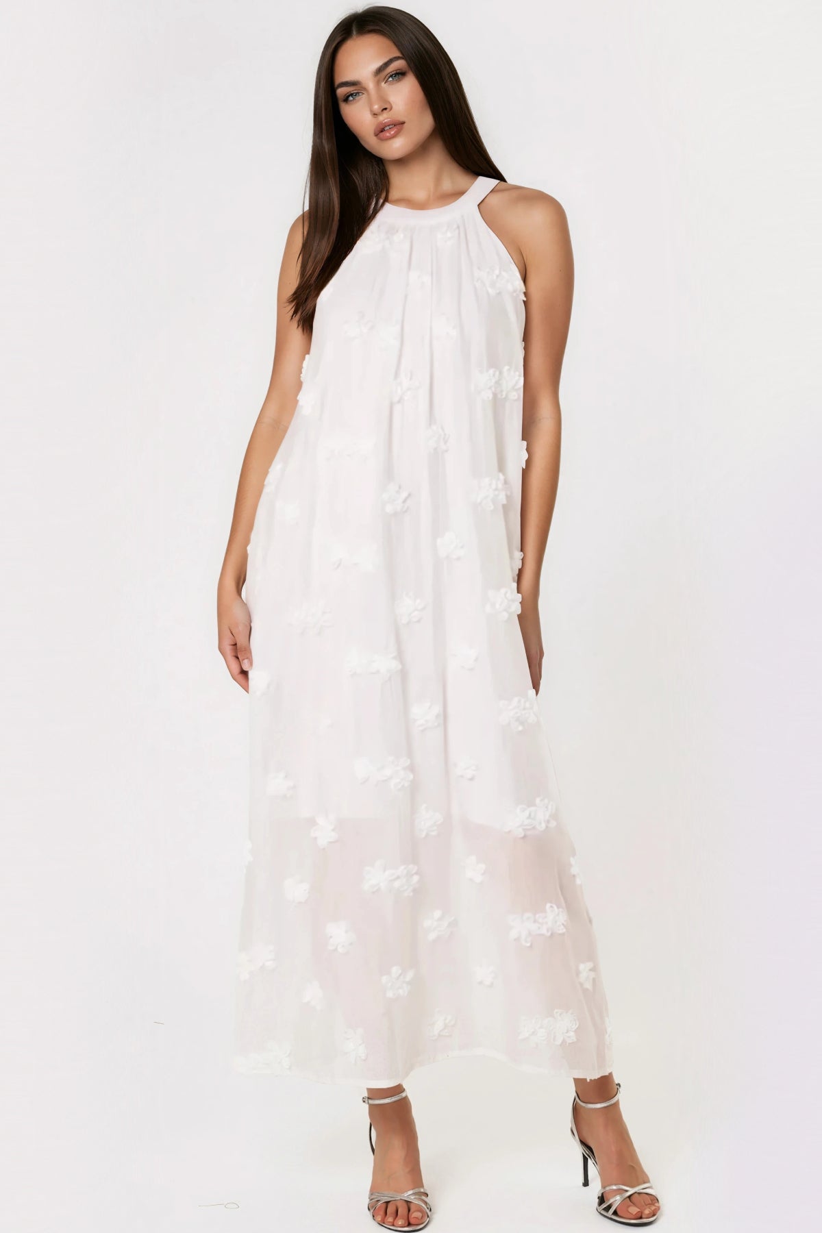 Aftershock London White Halterneck Flower Cotton Dress