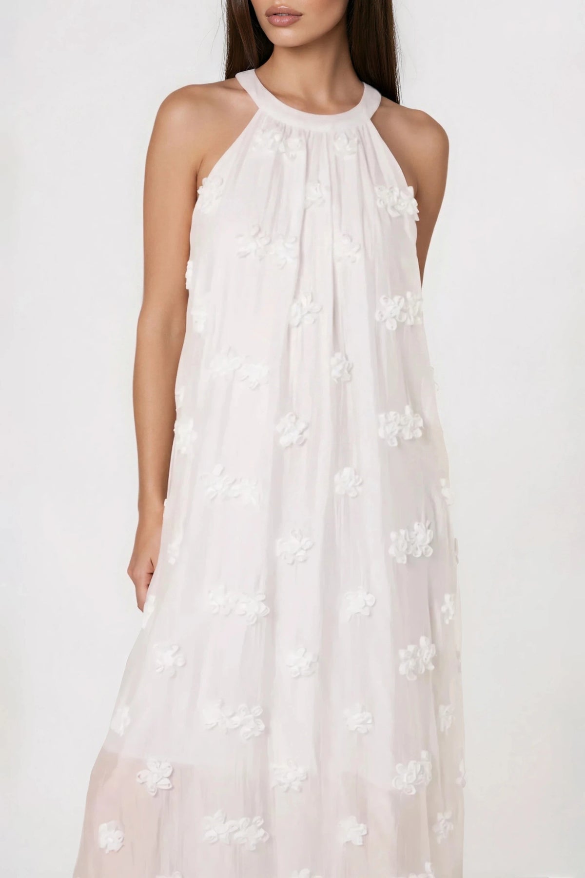 Aftershock London White Halterneck Flower Cotton Dress