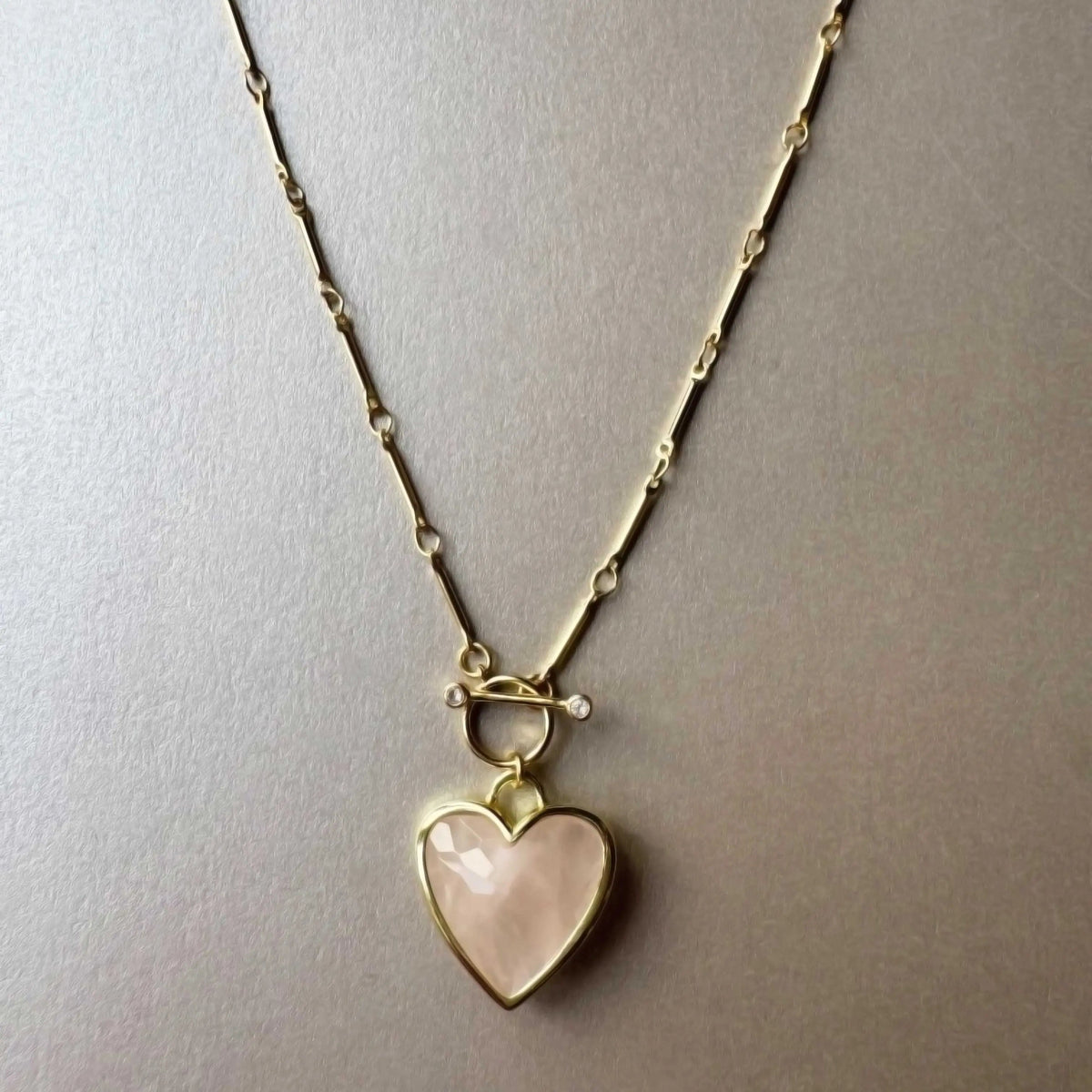 Sanora Luxe 18k Gold Plated Rose Quartz T Bar Heart Necklace