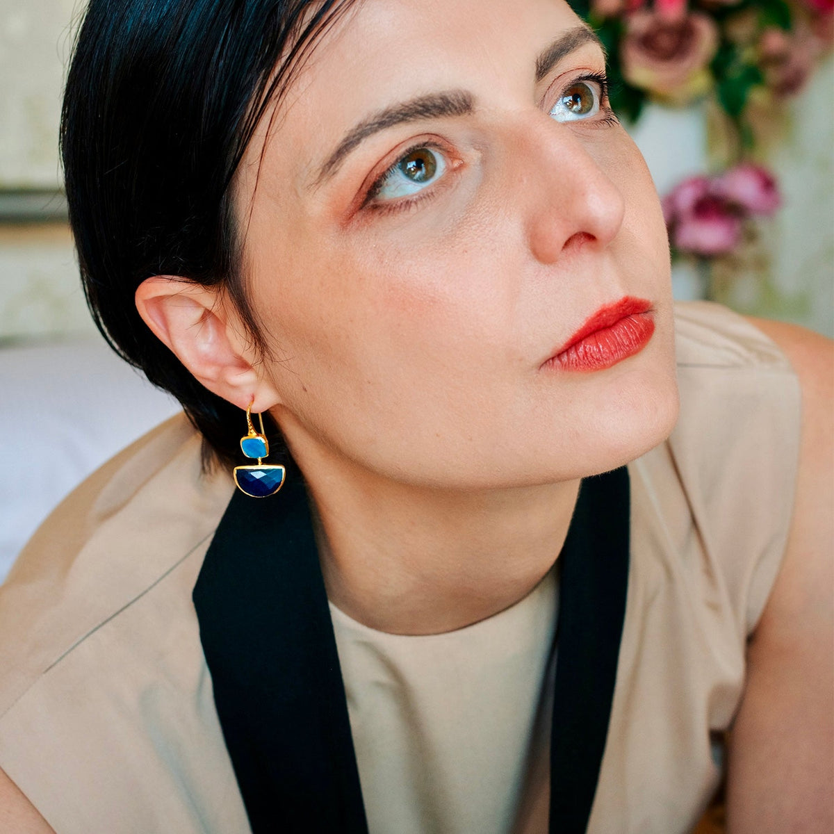 Charis Halfmoon Double Gemstone Earrings Blue Chalcedony & Blue Jade