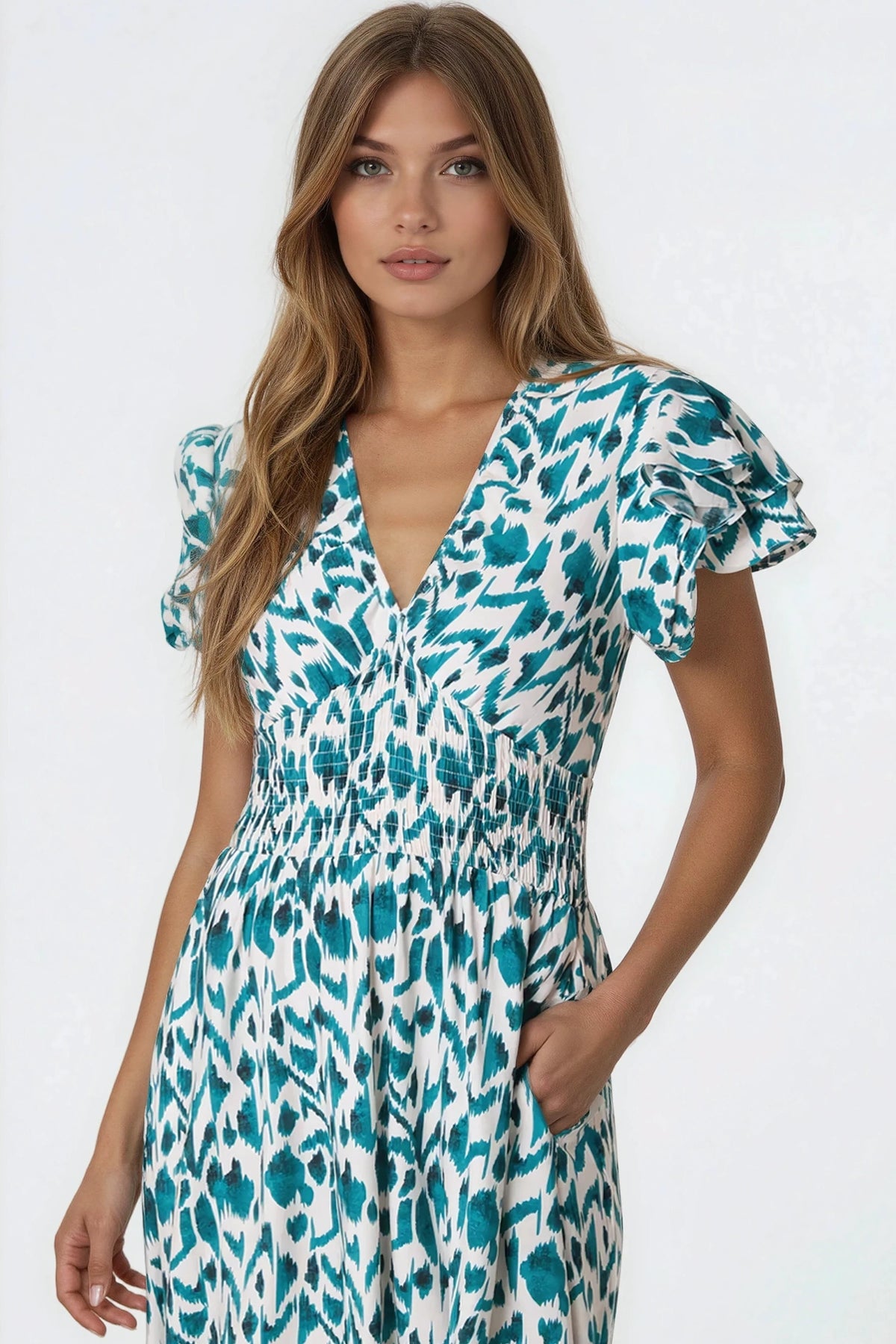 Aftershock London Teal Ikat Print Shirred V-Neck Midi Dress