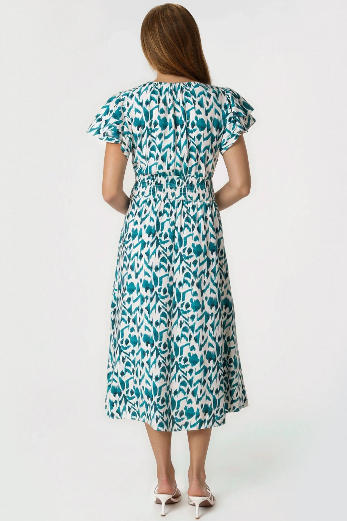 Aftershock London Teal Ikat Print Shirred V-Neck Midi Dress