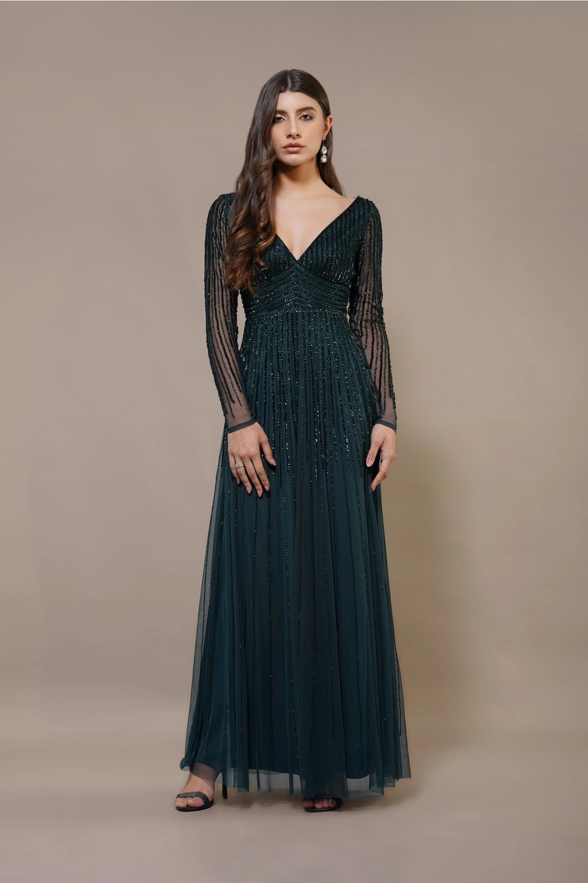 Lace Beads Laura Embellished Emerald Green Maxi Dress