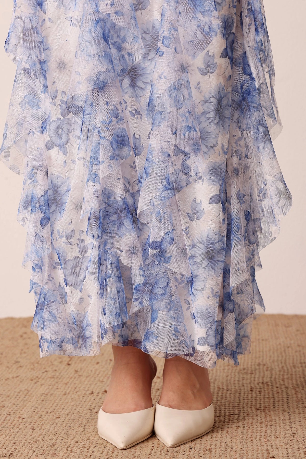 Lace & Beads Melody Blue Floral Frill Maxi Dress