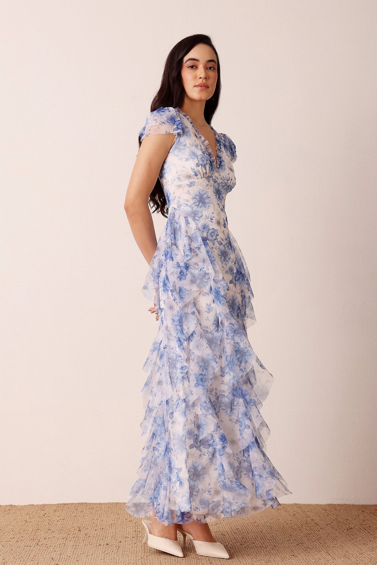 Lace & Beads Melody Blue Floral Frill Maxi Dress Love My Apparel Lace & Beads Melody Blue Floral Frill Maxi Dress Love My Apparel