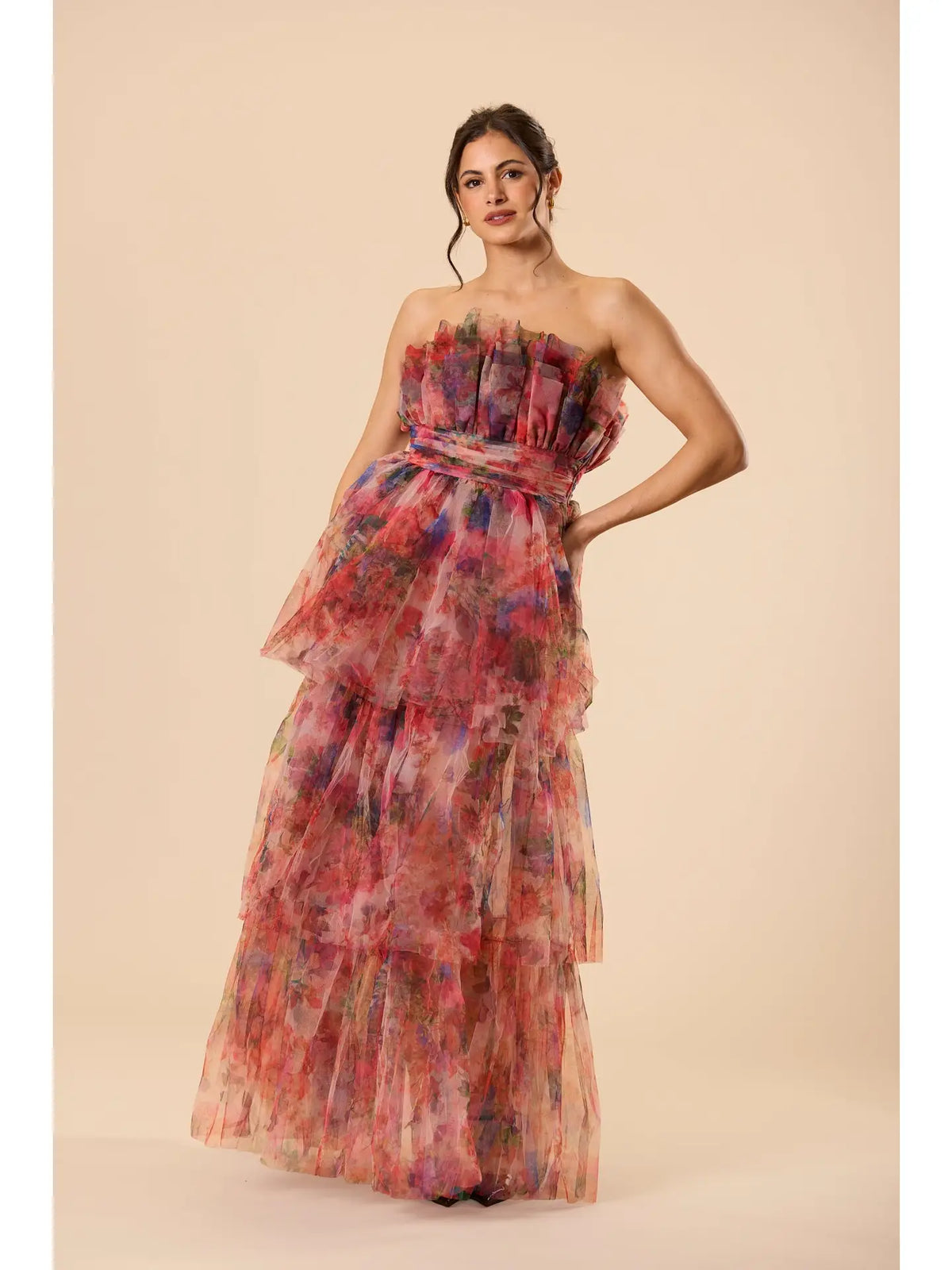 Lace & Beads Natalia Tulle Bandeau Red Floral Maxi Dress