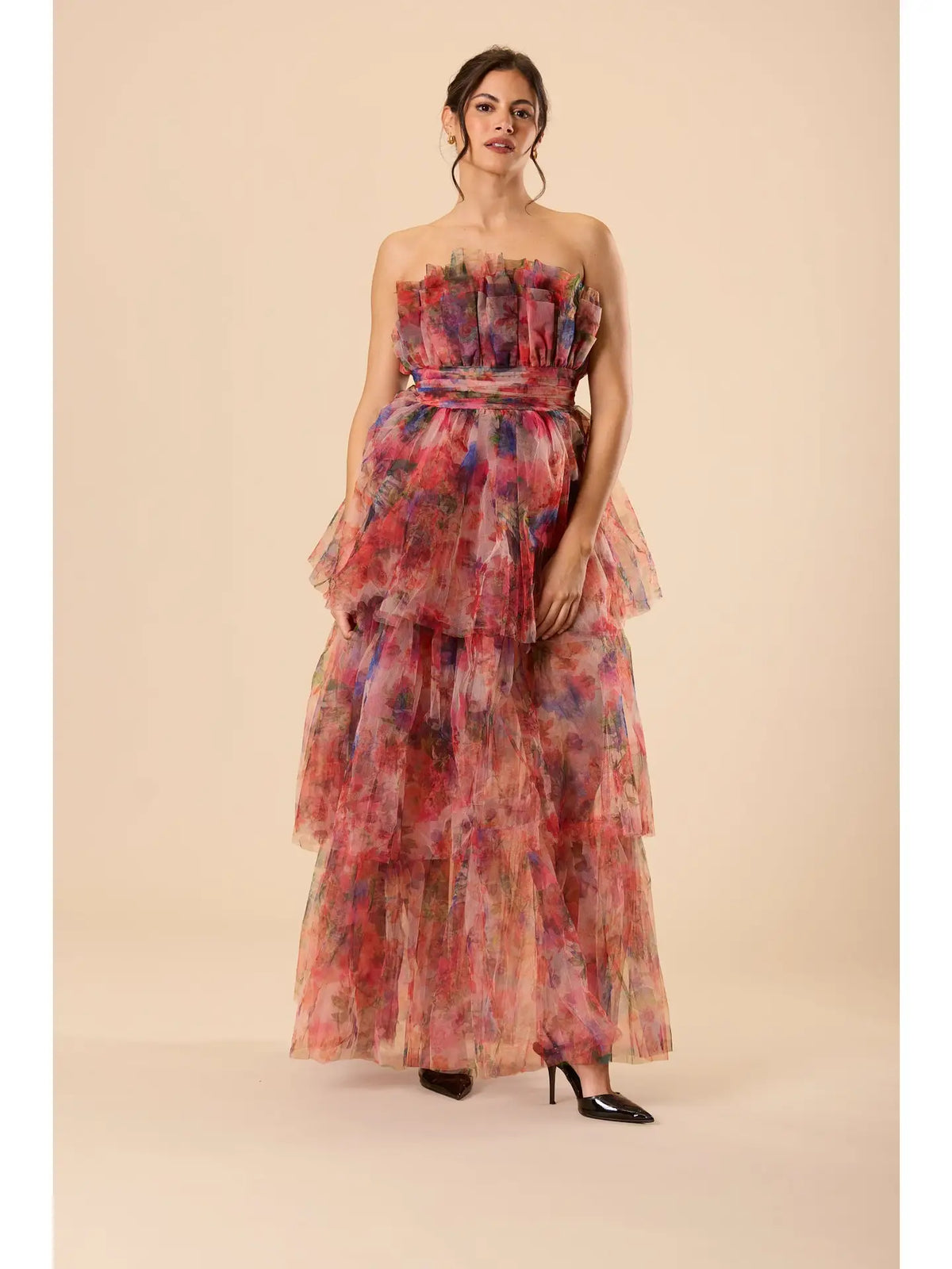 Lace & Beads Natalia Tulle Bandeau Red Floral Maxi Dress
