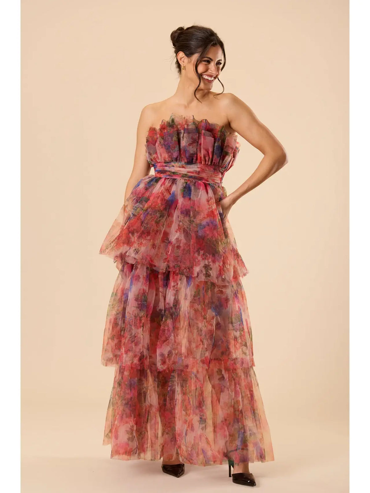 Lace & Beads Natalia Tulle Bandeau Red Floral Maxi Dress