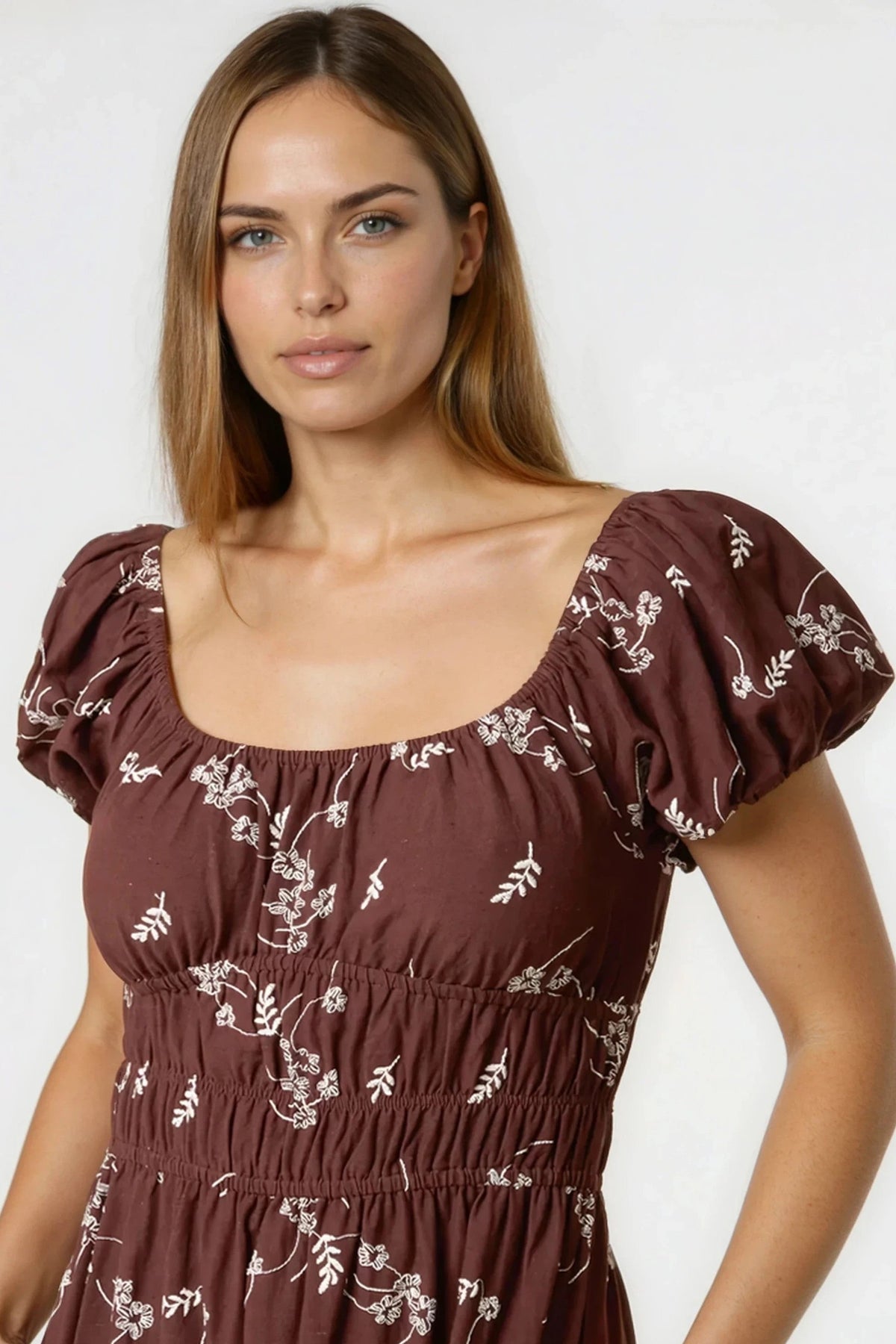 Aftershock London Brown Embroidered Milkmaid Midi Dress