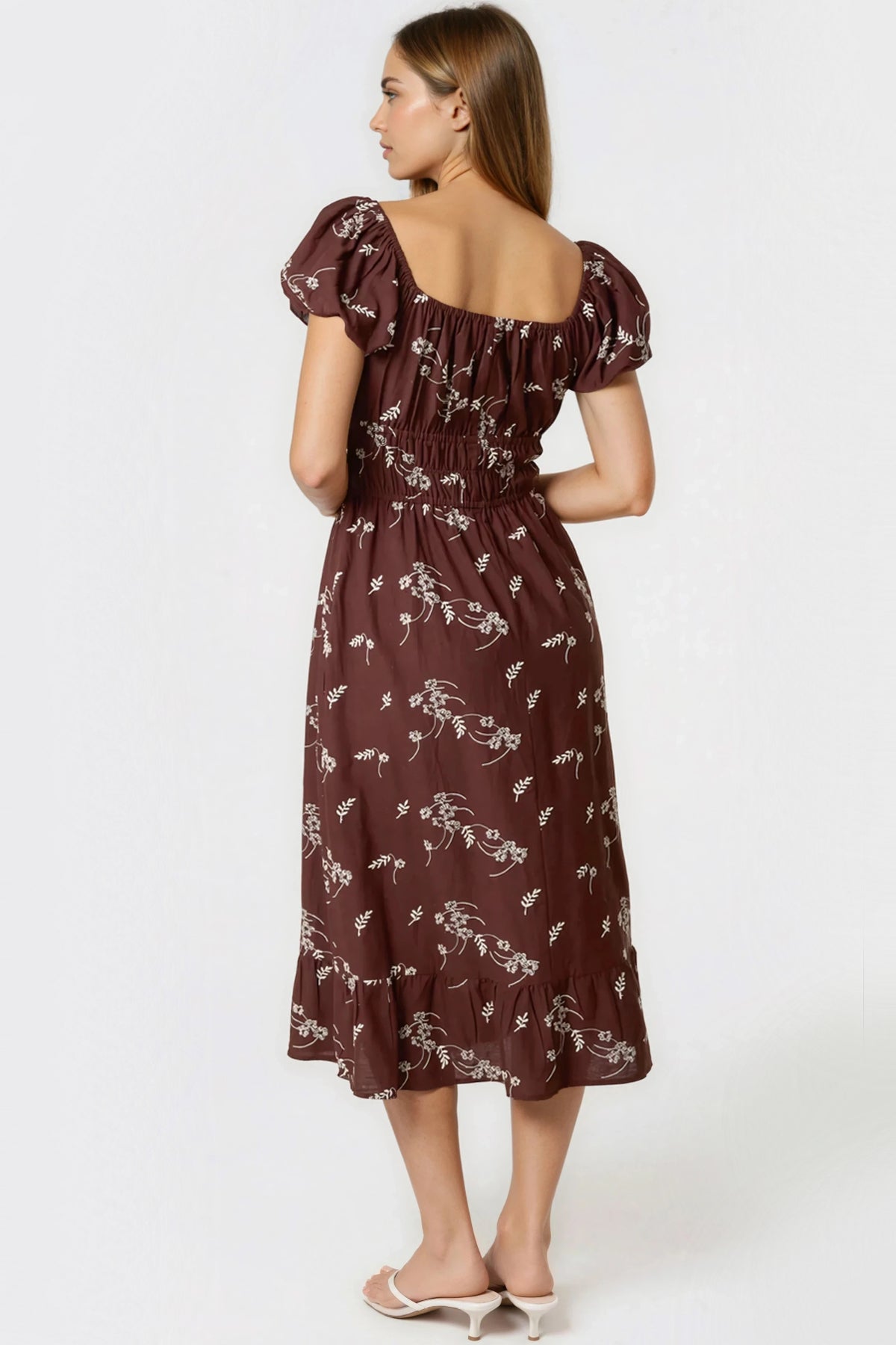 Aftershock London Brown Embroidered Milkmaid Midi Dress