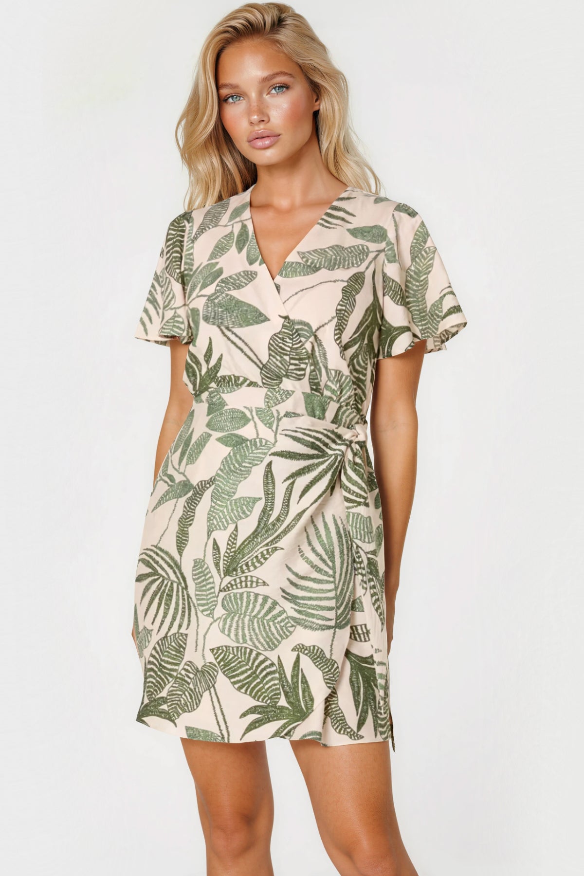 Aftershock London Green Leaf Print Wrap Front Mini Dress