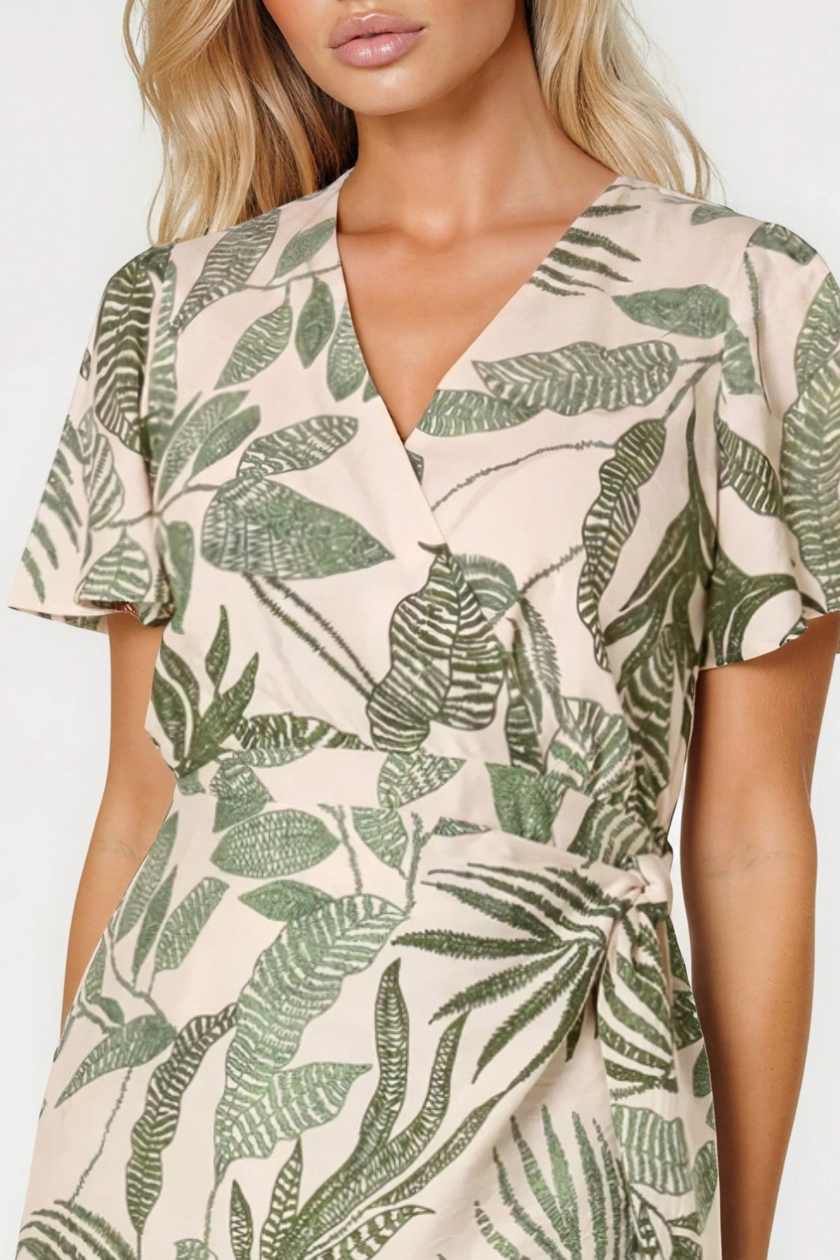 Aftershock London Green Leaf Print Wrap Front Mini Dress