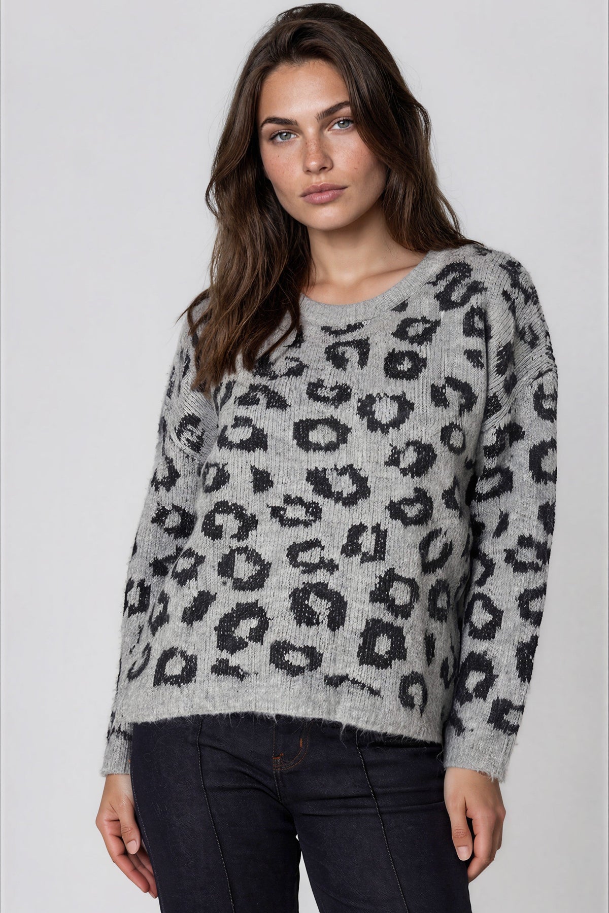 Aftershock London Grey Leopard Pattern Wool‑Blend Knit Jumper
