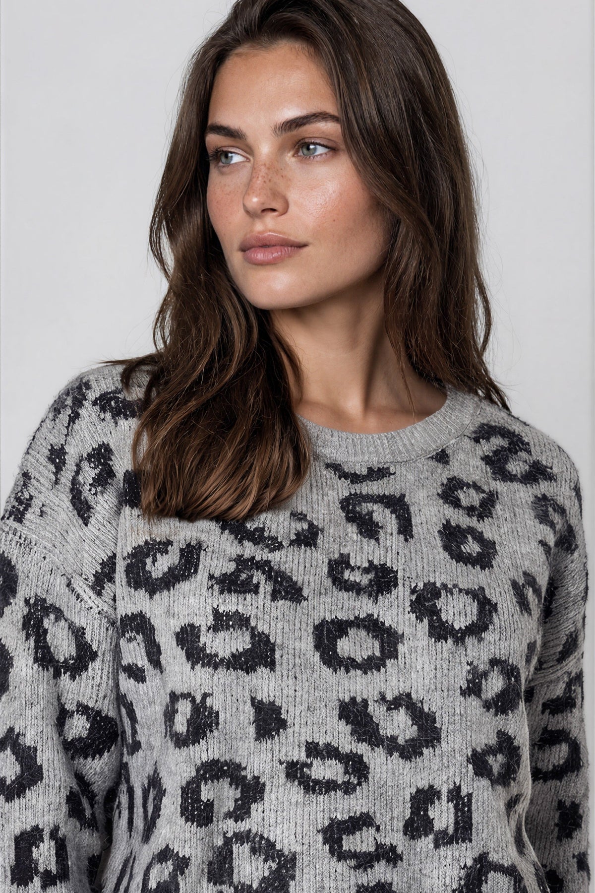 Aftershock London Grey Leopard Pattern Wool‑Blend Knit Jumper