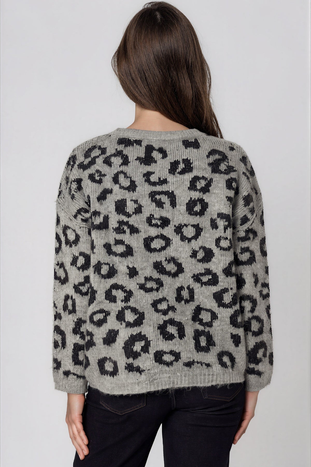 Aftershock London Grey Leopard Pattern Wool‑Blend Knit Jumper