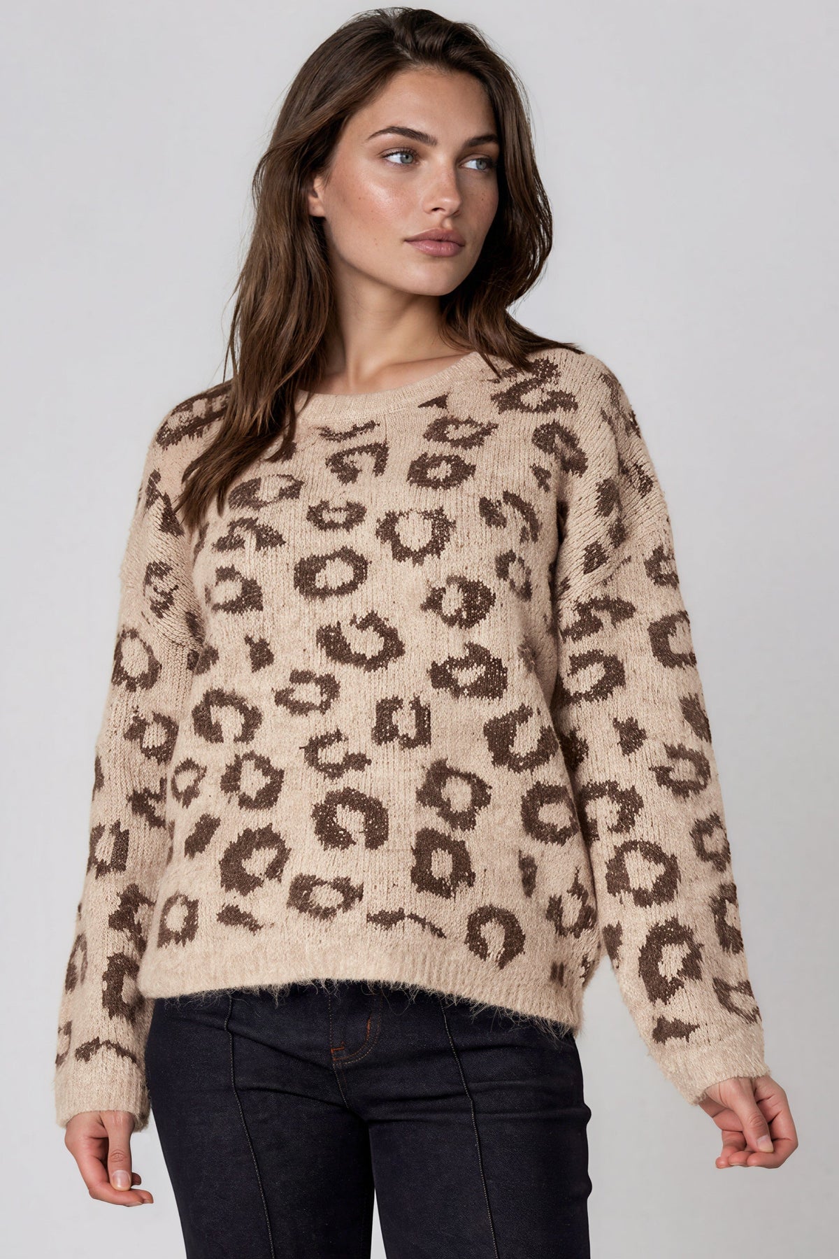 Aftershock London Beige Leopard Pattern Wool‑Blend Knit Jumper