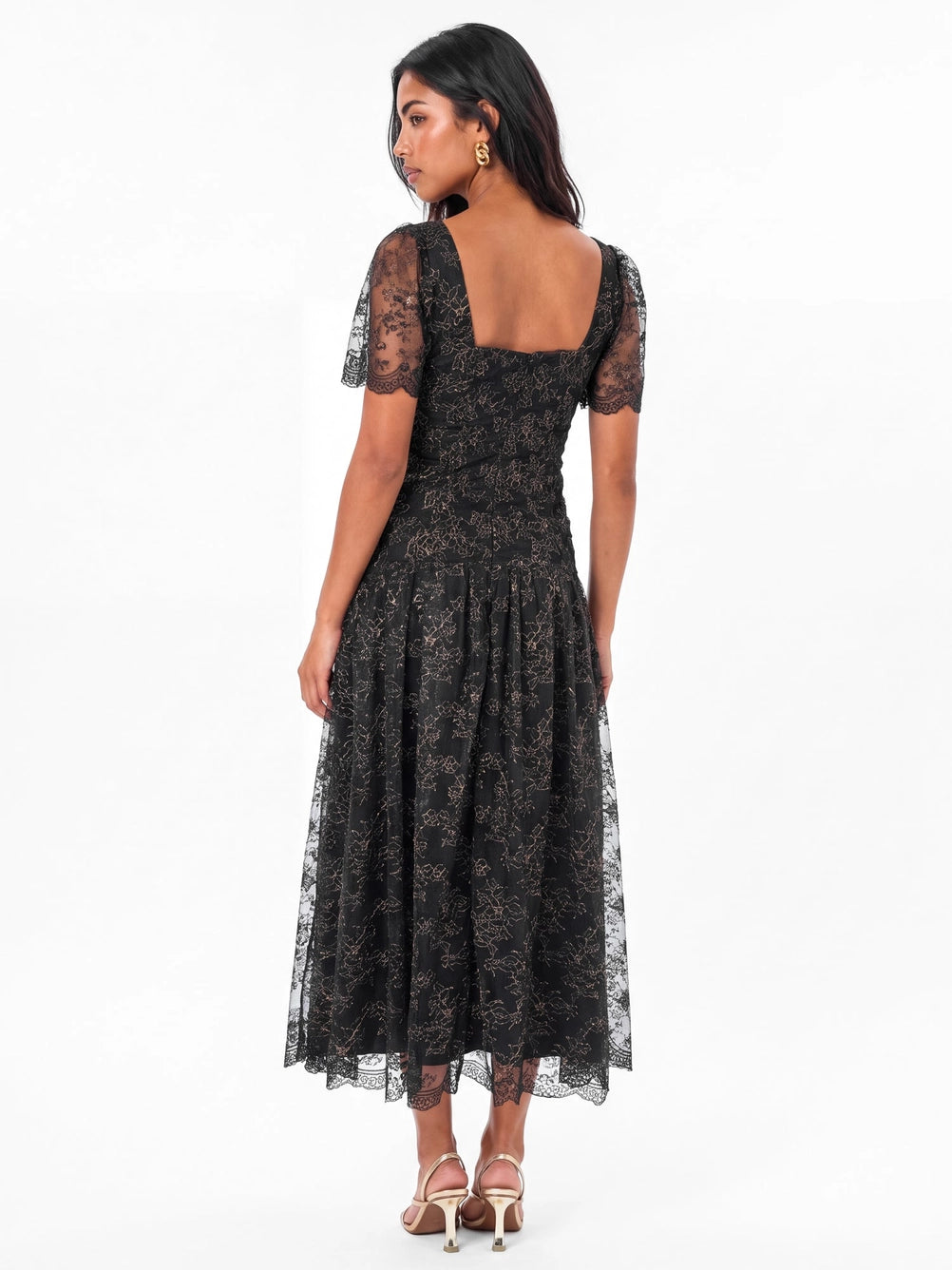 Maya Black Square Neck Ruched Lace Midaxi Dress