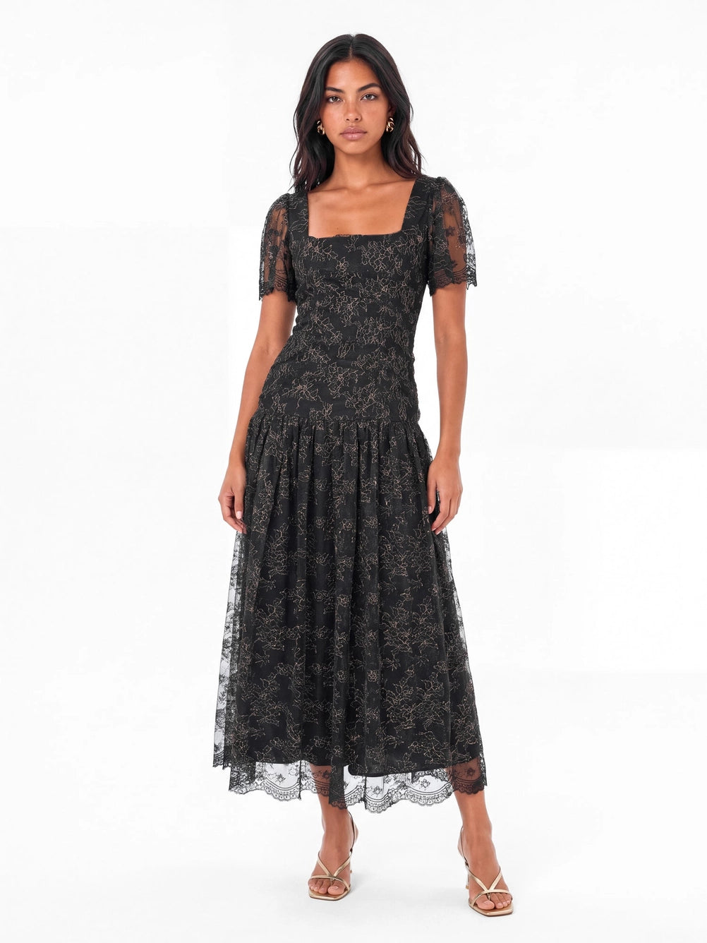 MAYA-BLACK-SQUARE-NECK-RUCHED-MIDAXI-LACE-DRESS
